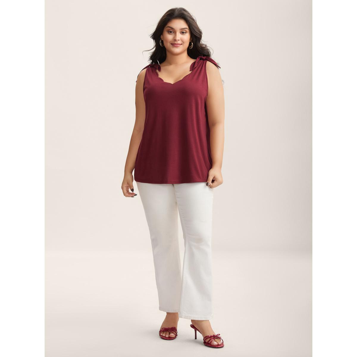 Plus Size Supersoft Stretchy Scalloped Neck Tank Top Women Burgundy Timeless Tie knot V-neck Elegant Tank Tops Camis BloomChic 10/M Product Image