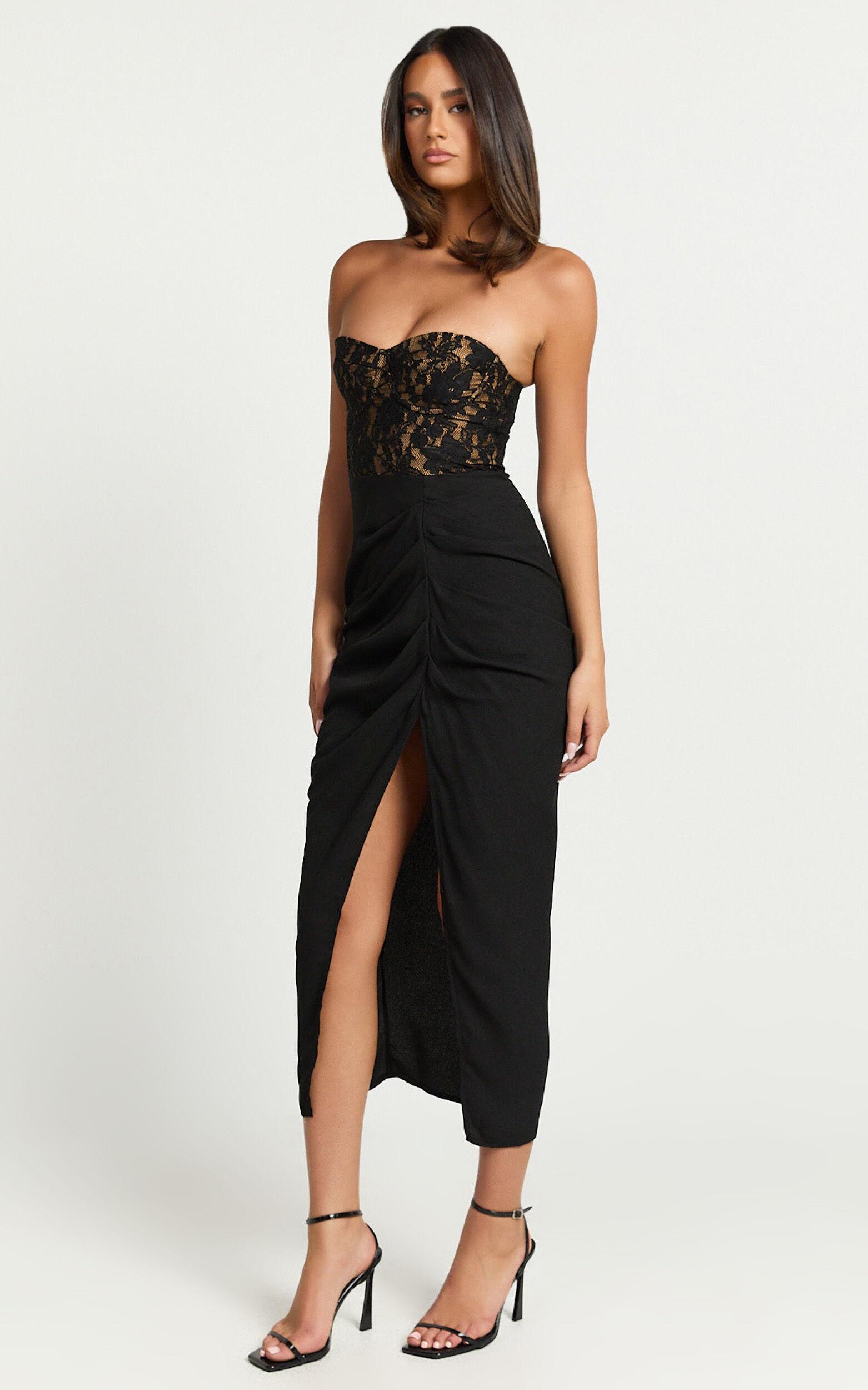 Janet Midi Dress - Strapless Sweetheart Draped Skirt Dress in Black Product Image