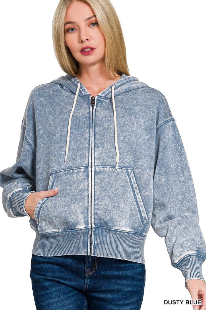 Acid wash fleece cropped zip-up hoodie w pockets Product Image