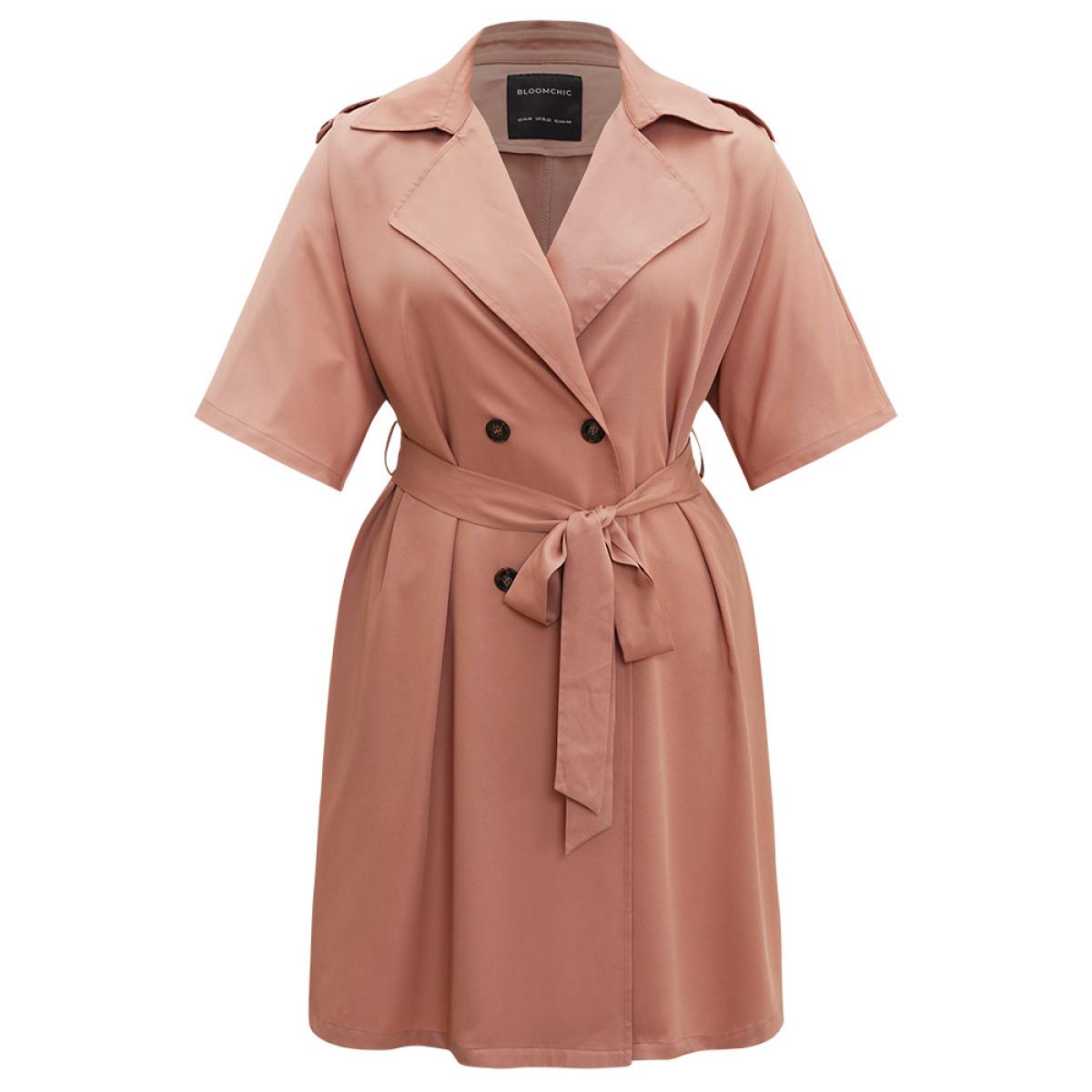Plus Size Plain Pocket Button Up Belted Lapel Collar Coat Women Rouge Casual Plain Ladies Dailywear Winter Coats BloomChic 28/5X Product Image
