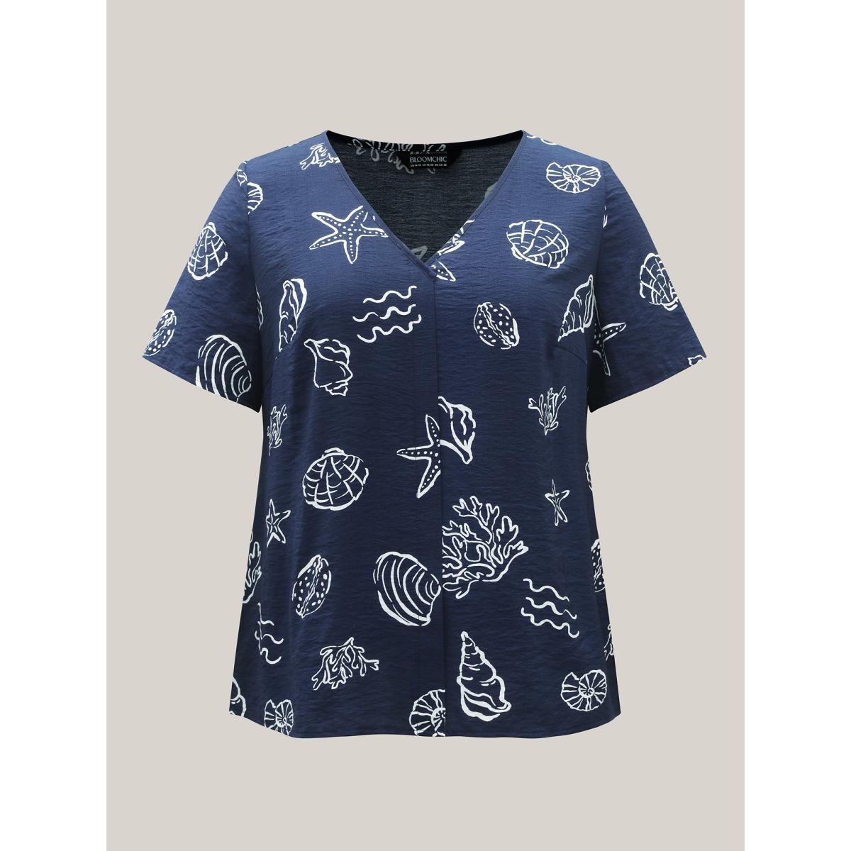 Plus Size Seashore Print Lounge Co-Ord Set Women Indigo Non Short sleeve V-neck Loungewear Sets BloomChic 10/M Product Image