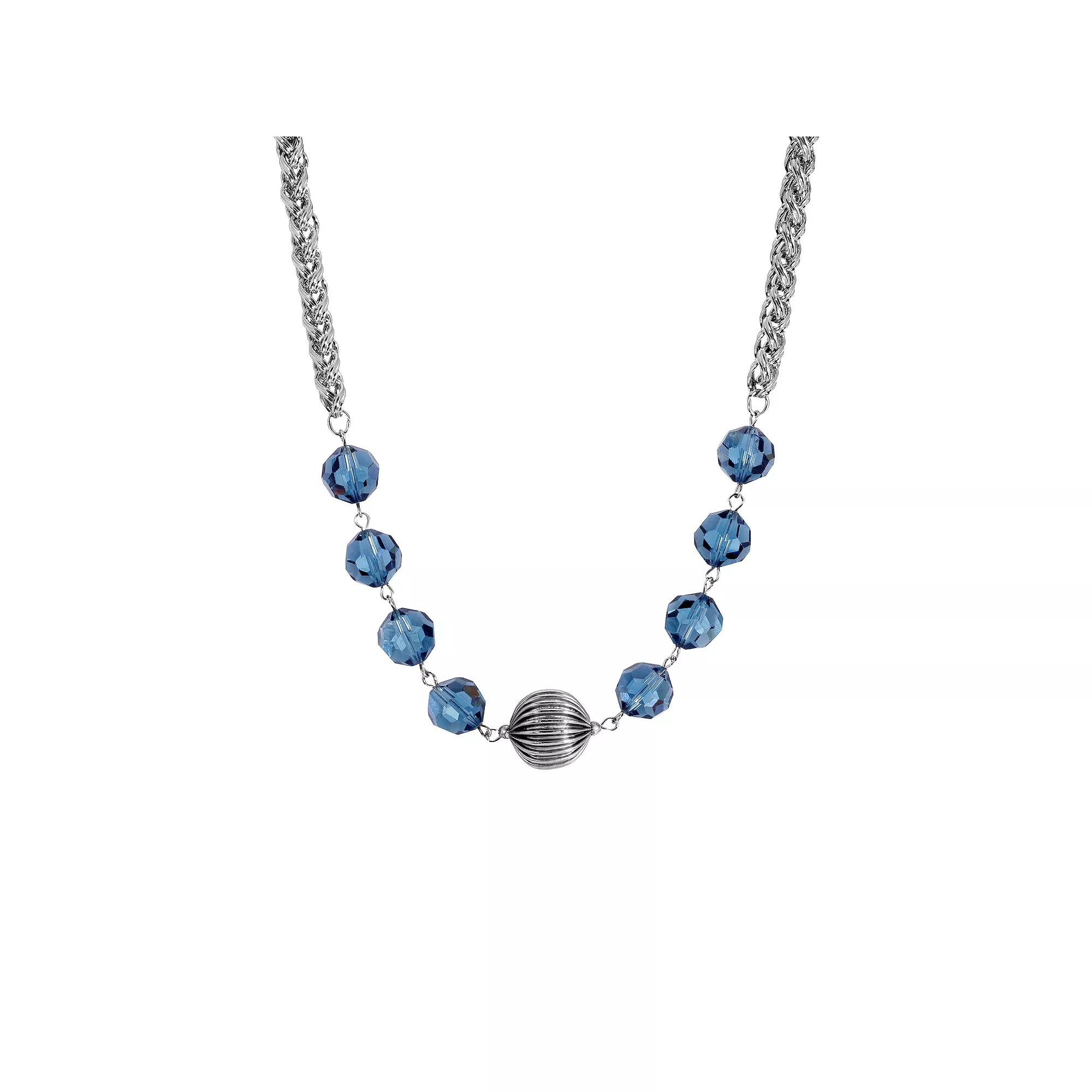 1928 Silver Tone Blue Glass Bead Necklace, Womens Product Image