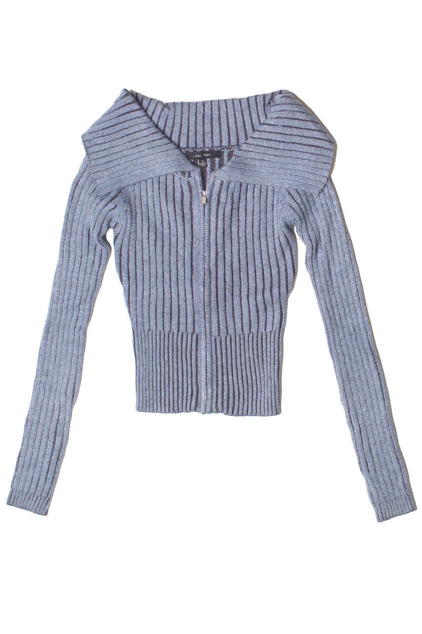 Fold Over Collar Ribbed Zip Up Sweater Product Image