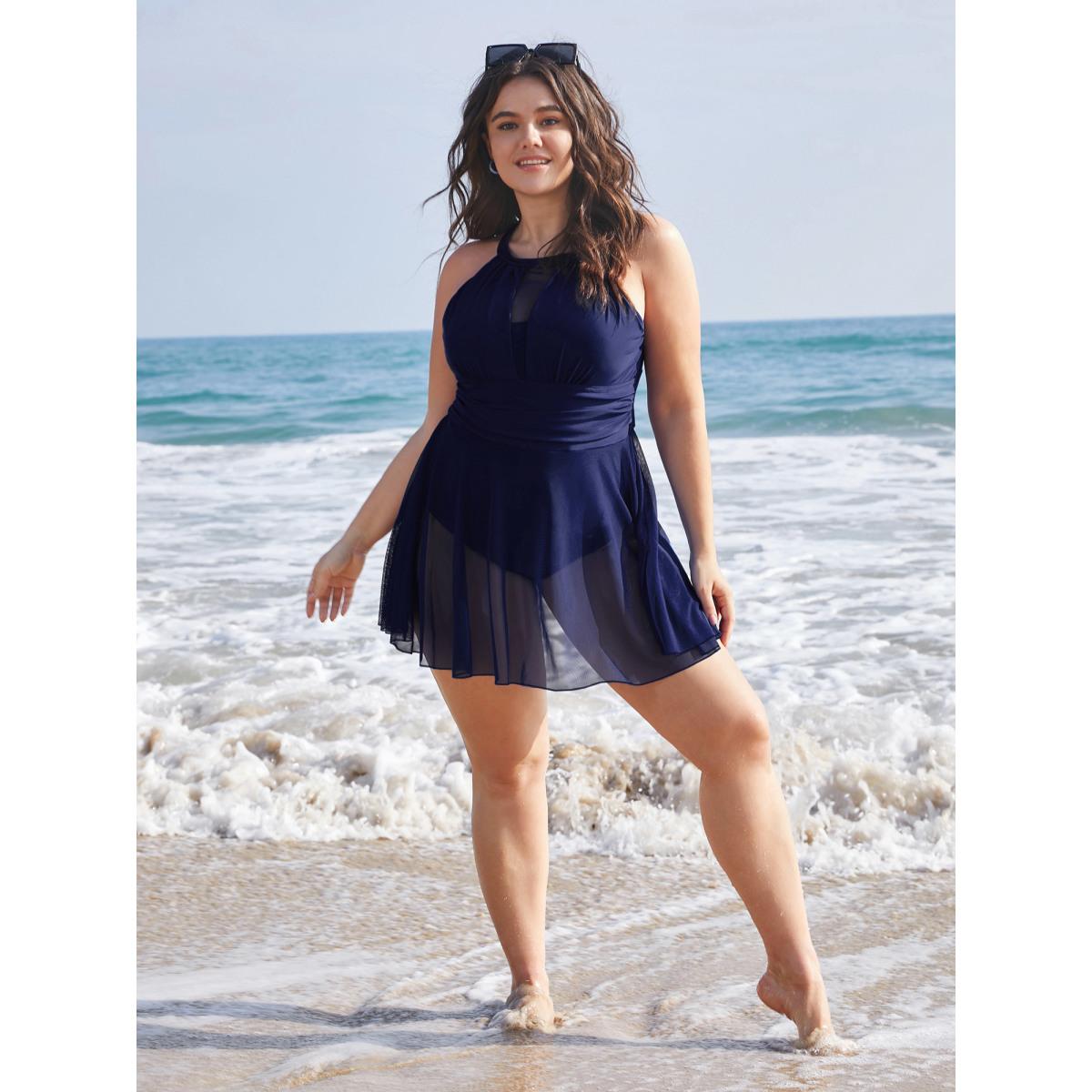 Plus Size Knotted Back Mesh Insert Halter Swim Dress Women's Swimwear Indigo Beach Bodycon Round Neck High stretch Curve Swim Dresses BloomChic 12/L Product Image