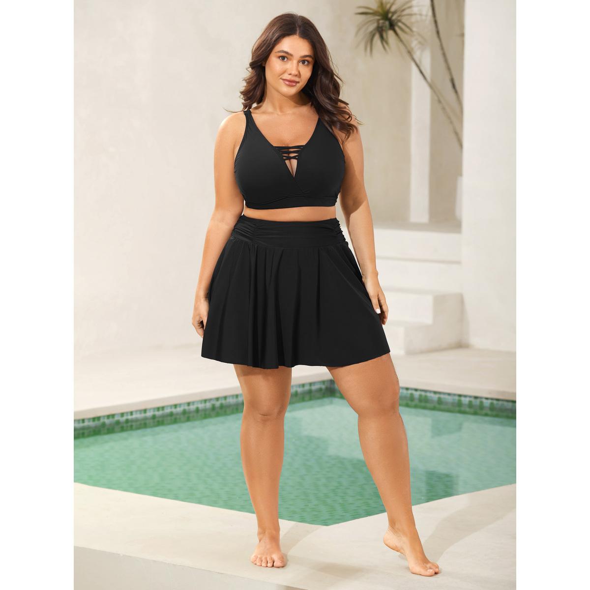 Plus Size Pleated Waistband Solid Swim Bottoms Women's Swimwear Black Beach Gathered High stretch Bodycon Mid Rise Curve Swim Bottoms BloomChic 26/4X Product Image