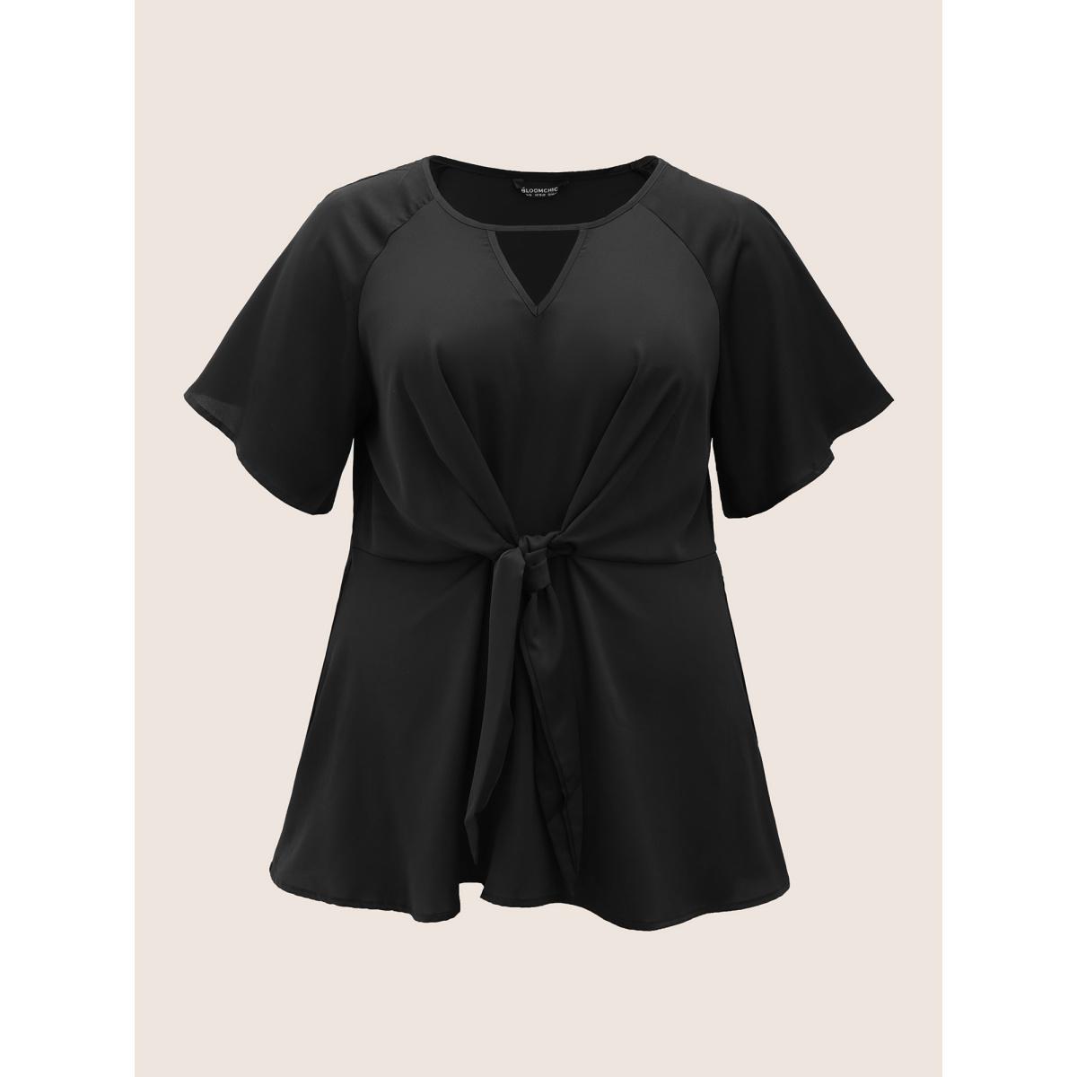 Plus Size Black Plain Keyhole Knotted Front Ruffle Sleeve Blouse Women Office Short sleeve Round Neck Office Blouses BloomChic 22-24/3X Product Image