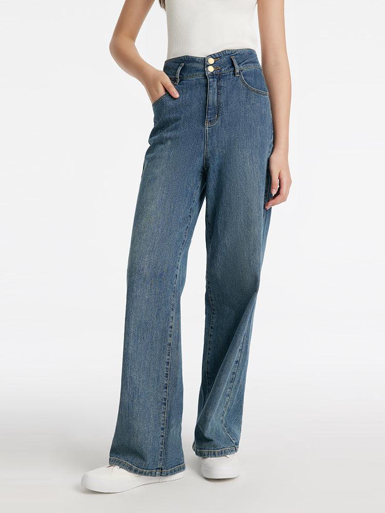 High-Waisted Loose Straight Full Length Women Jeans Product Image