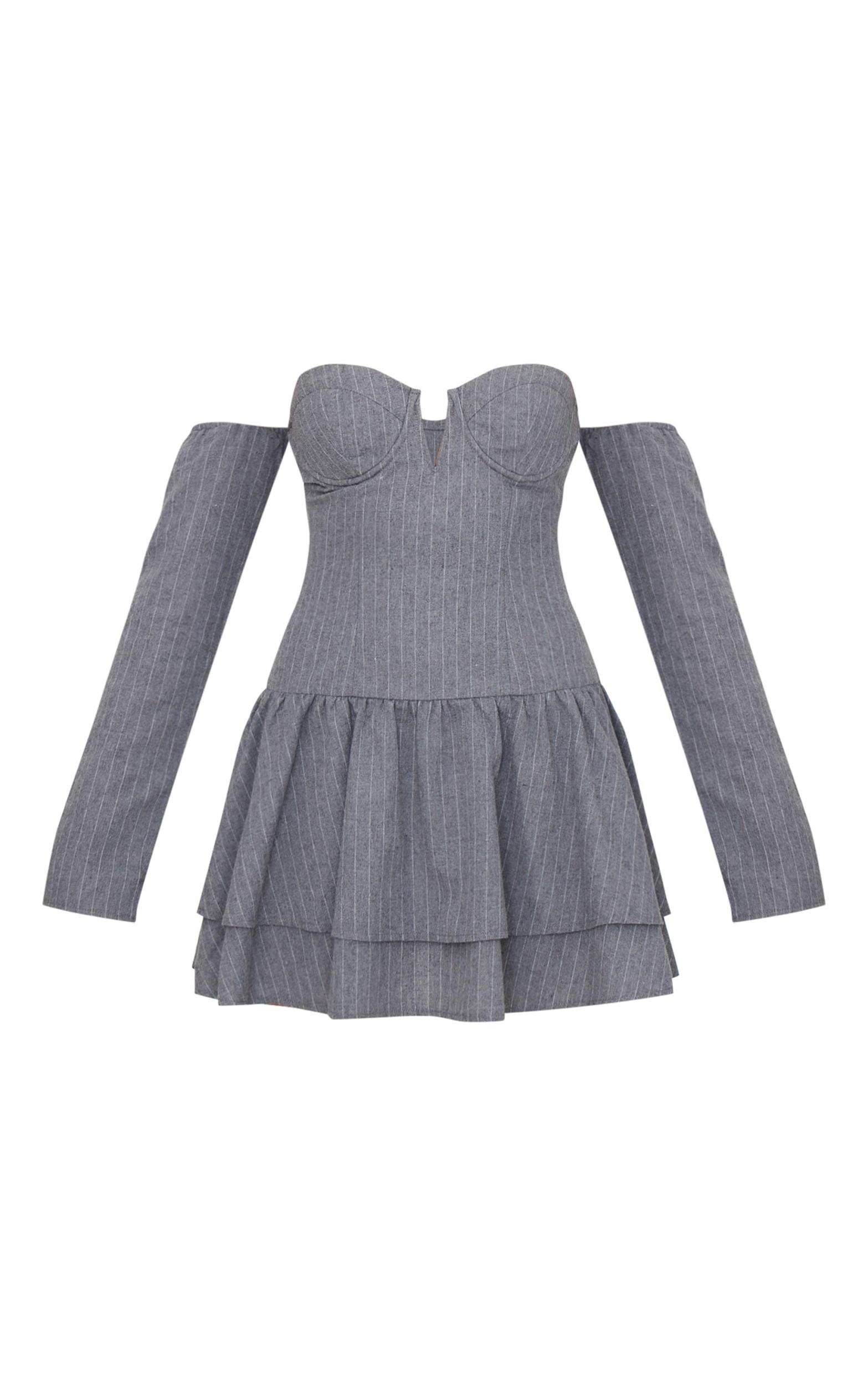 Light Grey Pinstripe Cup Detail Bardot Shift Dress Product Image