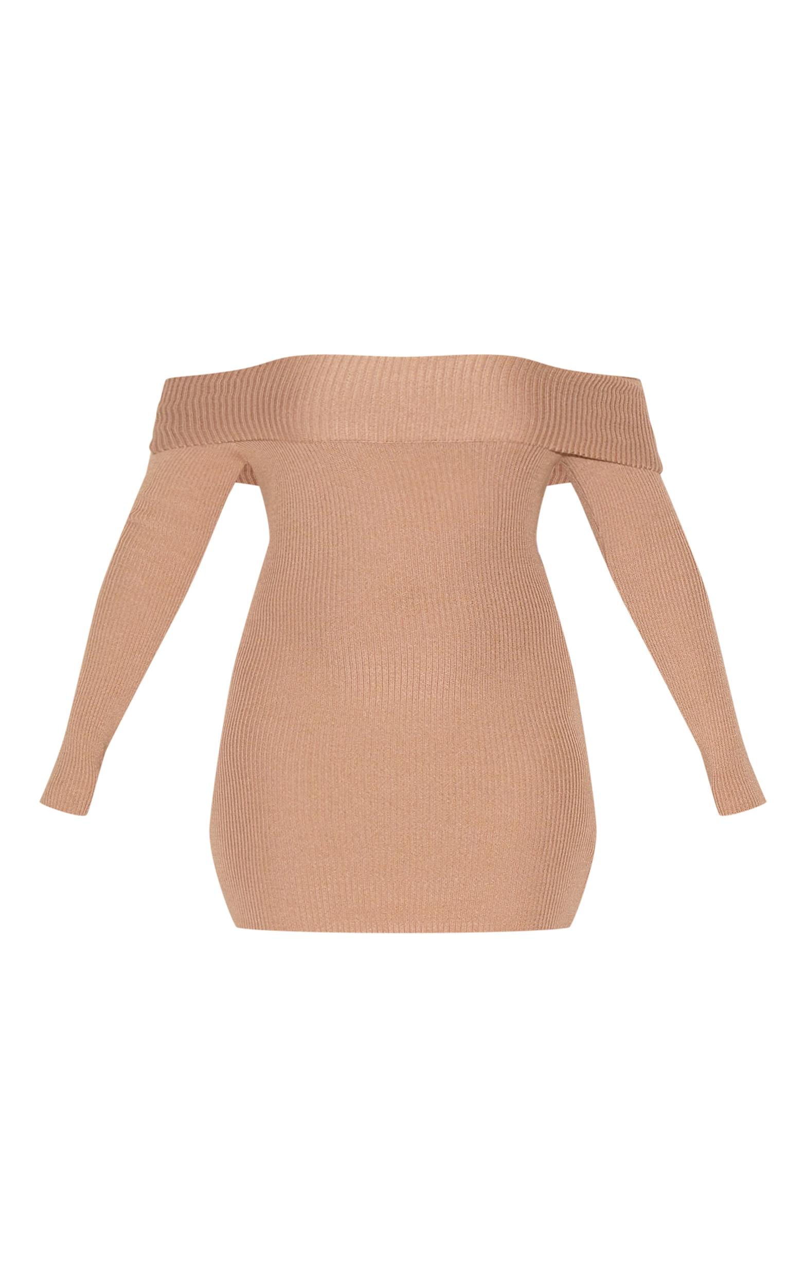 Shape Mocha Off Shoulder Fold Over Knitted Bodycon Dress Product Image