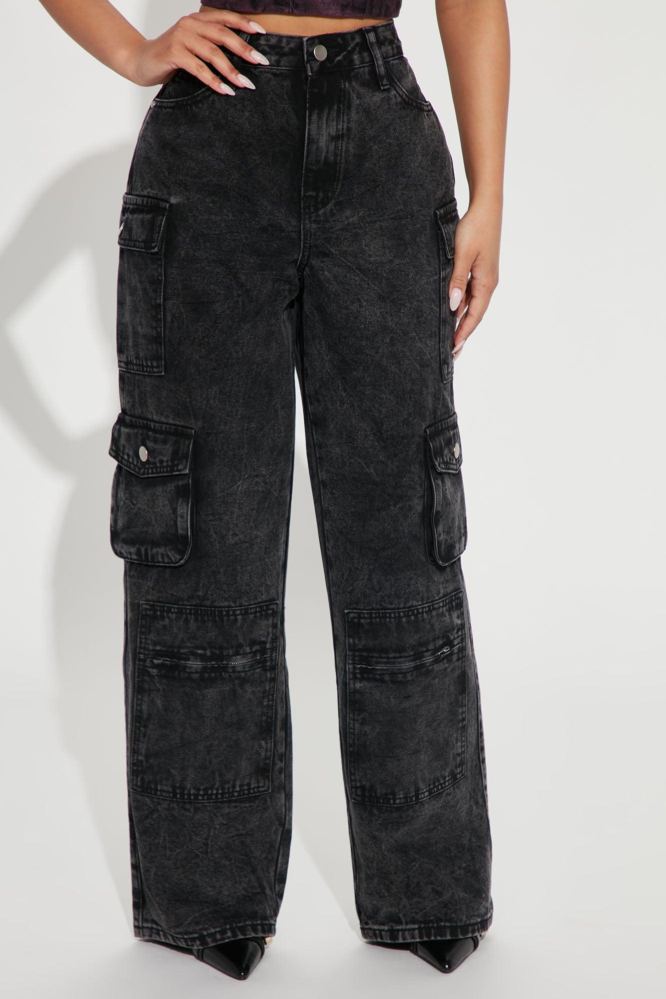 Petite Mad For You Cargo Jeans - Acid Wash Black Product Image