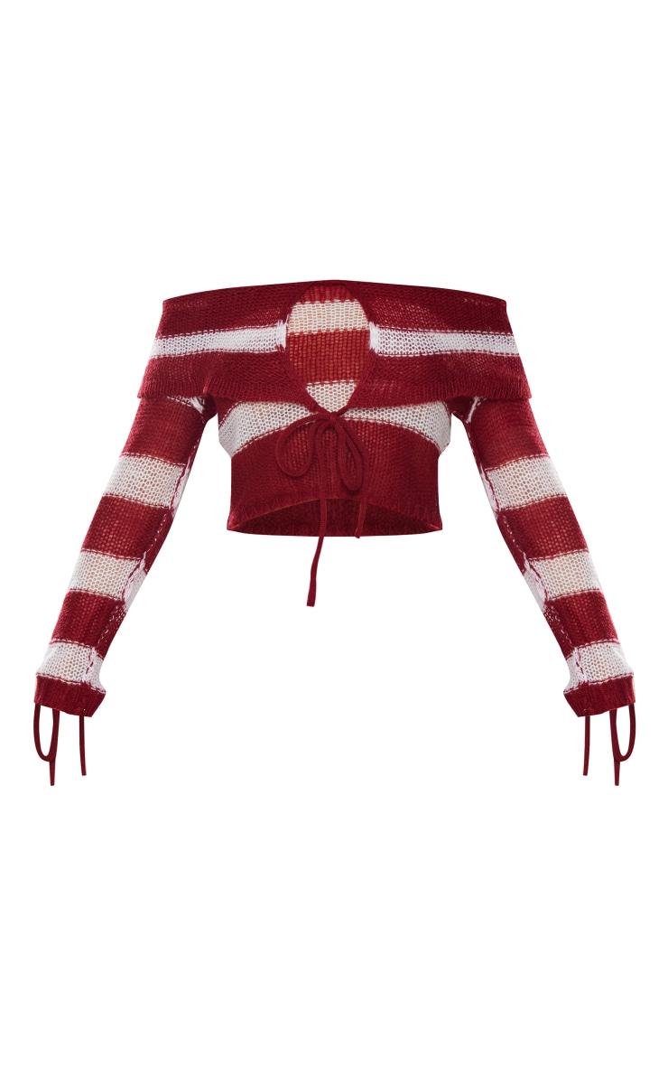  Cherry Red Abstract Soft Knit Foldover Tie Detail Bardot Top Product Image