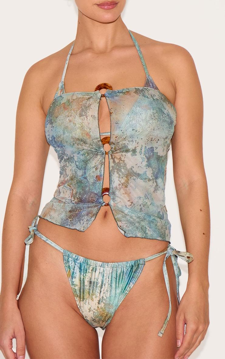 Green Mottled Print O Ring Detail Bandeau Beach Top Product Image