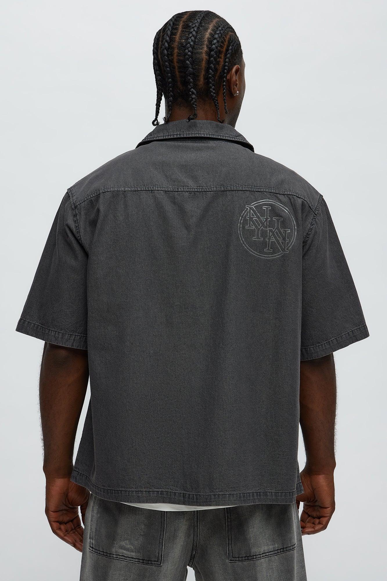 Denim Cuban Collar Button Up Shirt - Black Wash Male Product Image