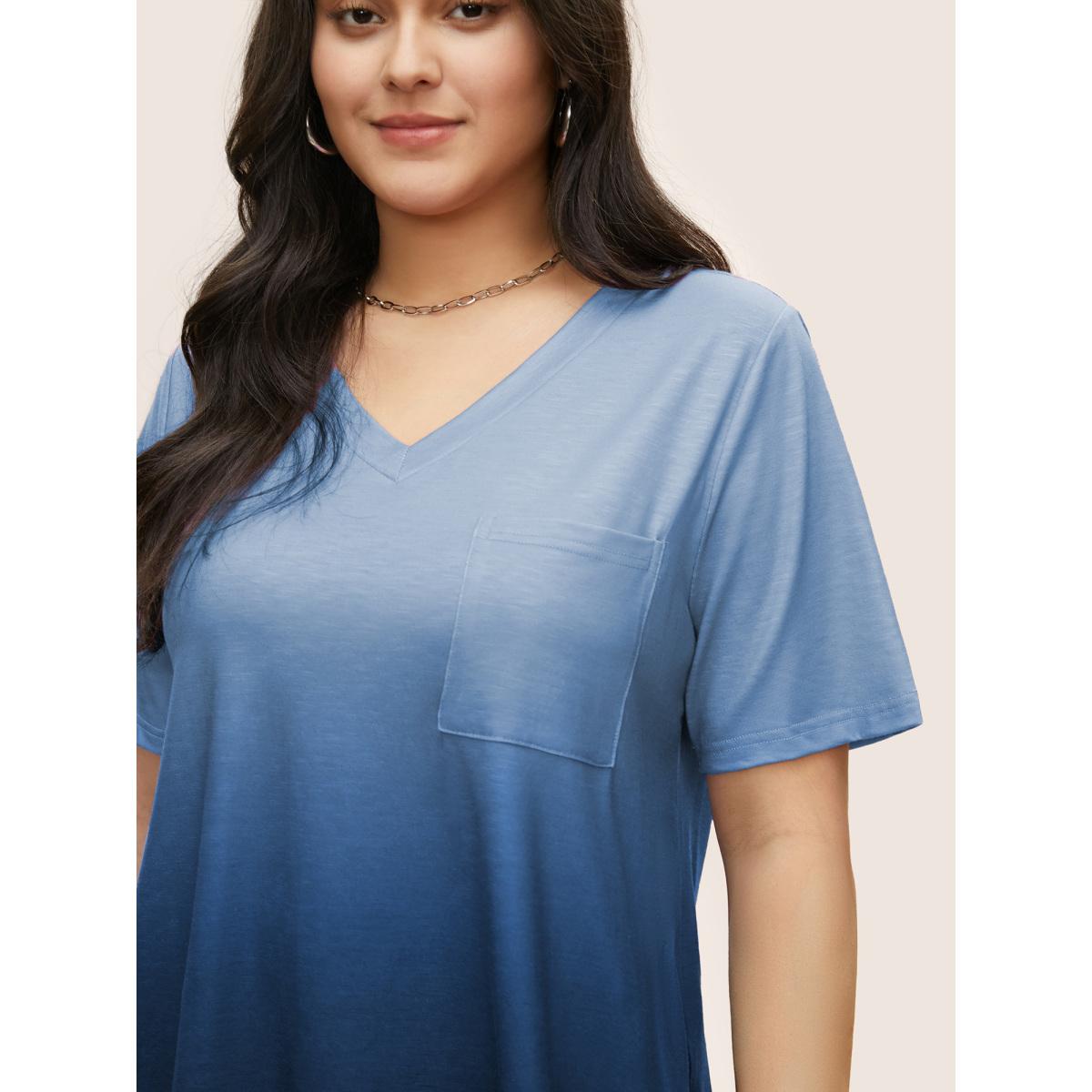 Plus Size Ombre Contrast Patched Pocket T-shirt Cerulean Women Leisure Non Ombre V-neck Casual T-shirts BloomChic 28/5X Product Image