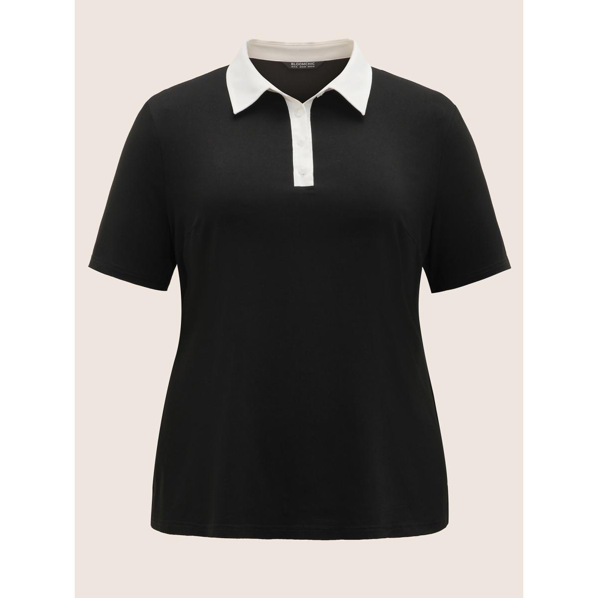 Plus Size Black Stretchy Woven Shirt Collar Contrast Blouse Women Workwear Essentials Short sleeve Shirt collar Work Blouses BloomChic 14-16/1X Product Image