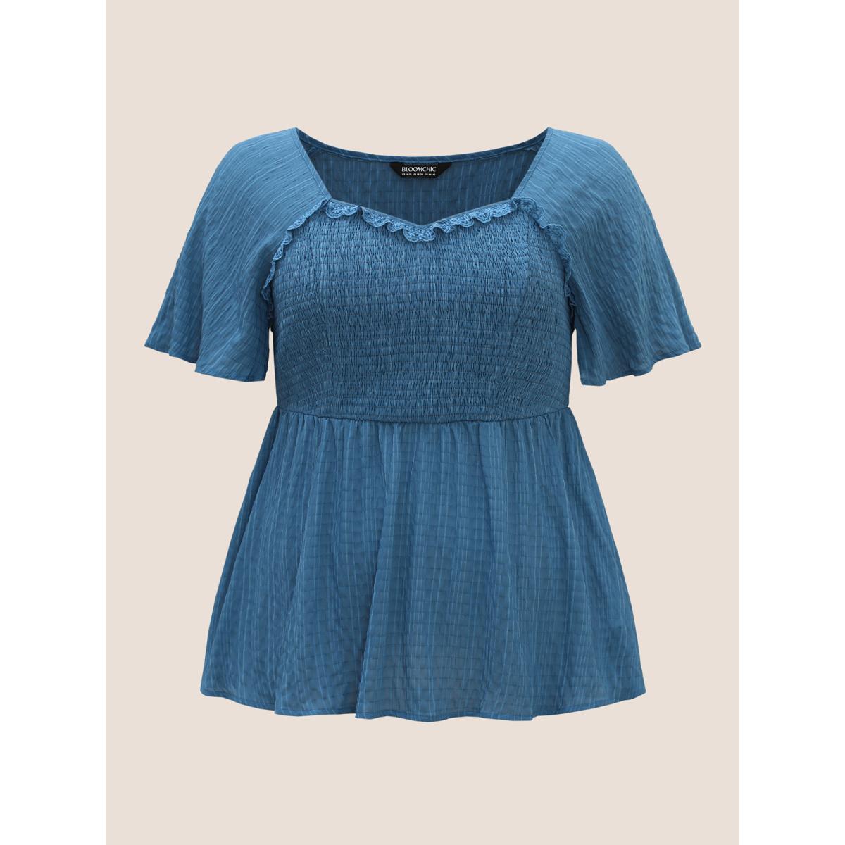 Plus Size Cerulean Plain Textured Frill Trim Ruffle Sleeve Blouse Women Elegant Short sleeve Heart neckline Everyday Blouses BloomChic 12/L Product Image