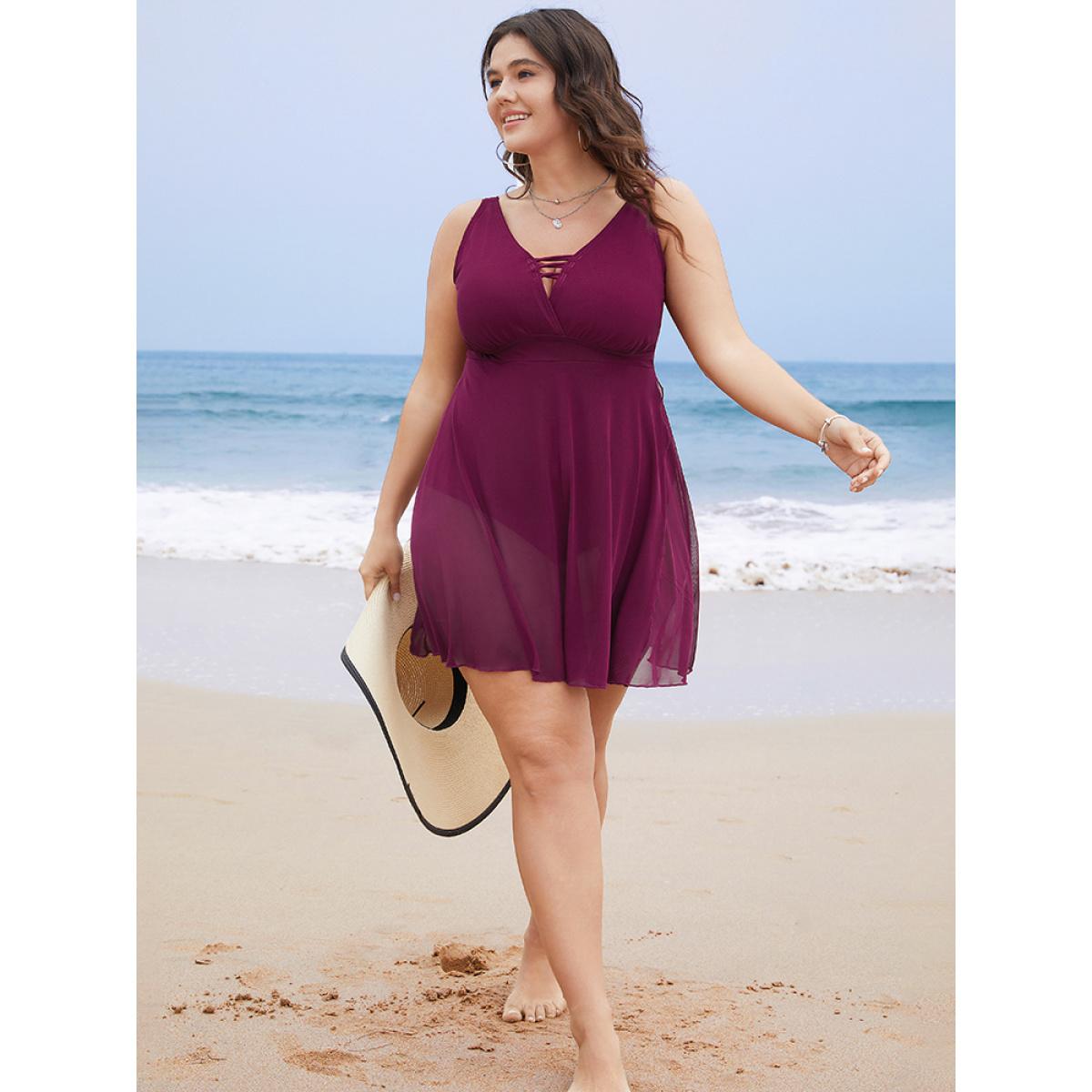 Plus Size Plain Crisscross Wrap Mesh Ruffle Split Swim Dress Women's Swimwear RedViolet Vacation Bodycon V-neck High stretch Curve Swim Dresses BloomChic 10/M Product Image