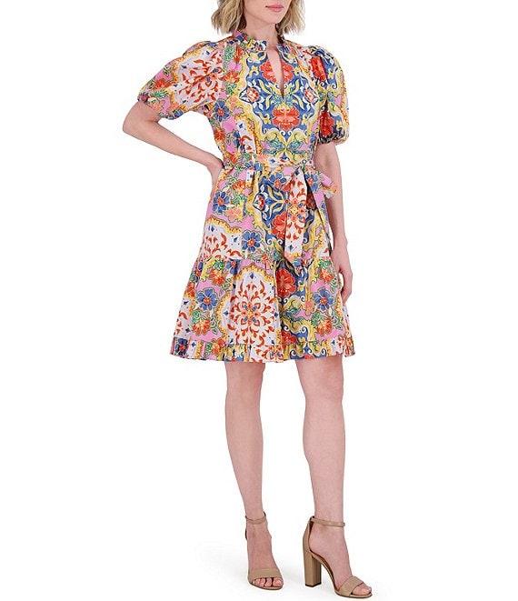 Vince Camuto Floral Print V-Neck Short Sleeve Tie Waist Dress Product Image