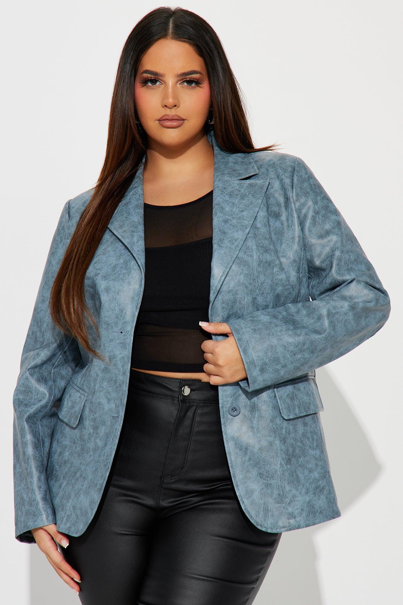 Blaire Washed Faux Leather Blazer - Blue Product Image