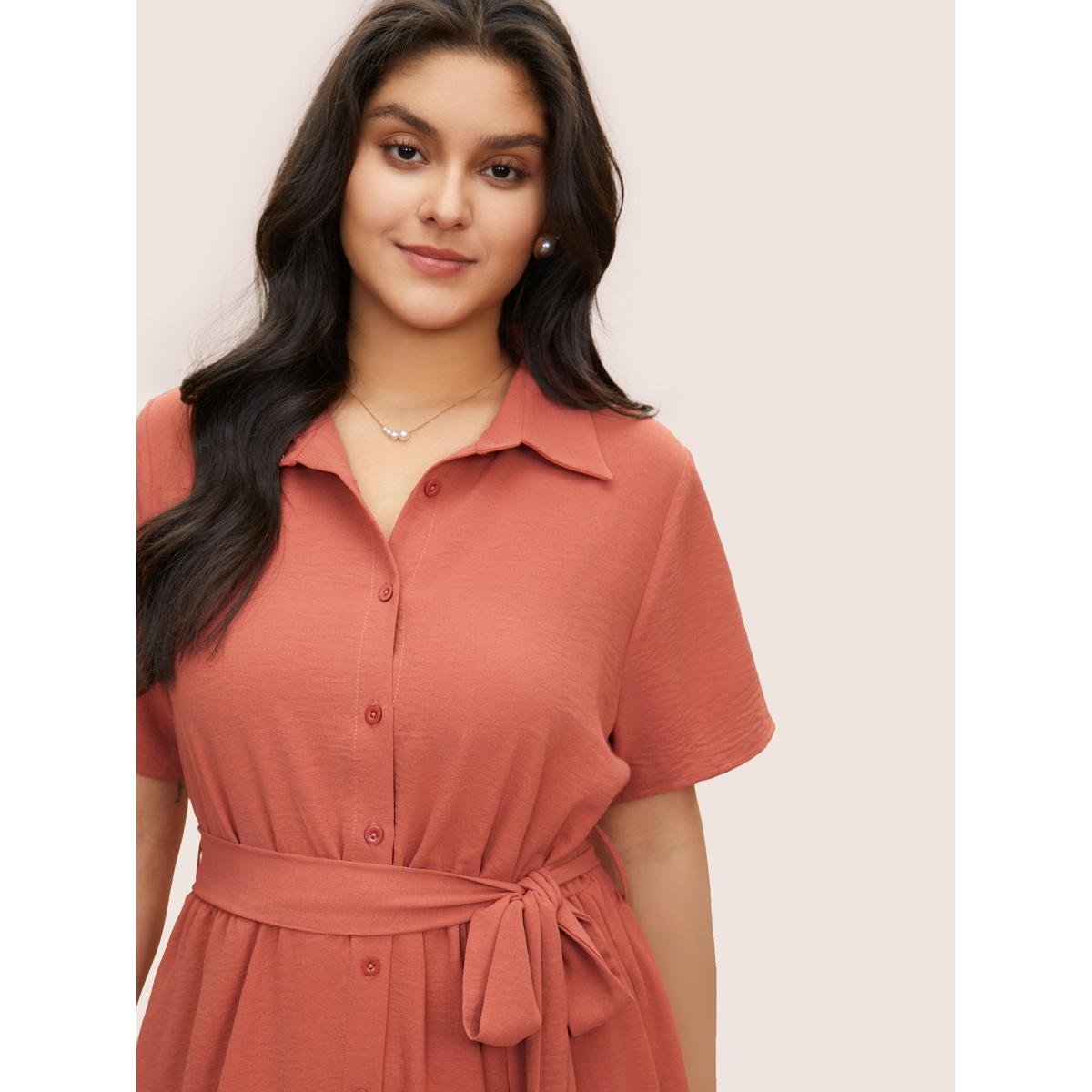 Plus Size Shirt Collar Button Through Belted Crepe Dress Rust Women At the Office Non Shirt collar Short sleeve Curvy Midi Dress BloomChic 12/L Product Image
