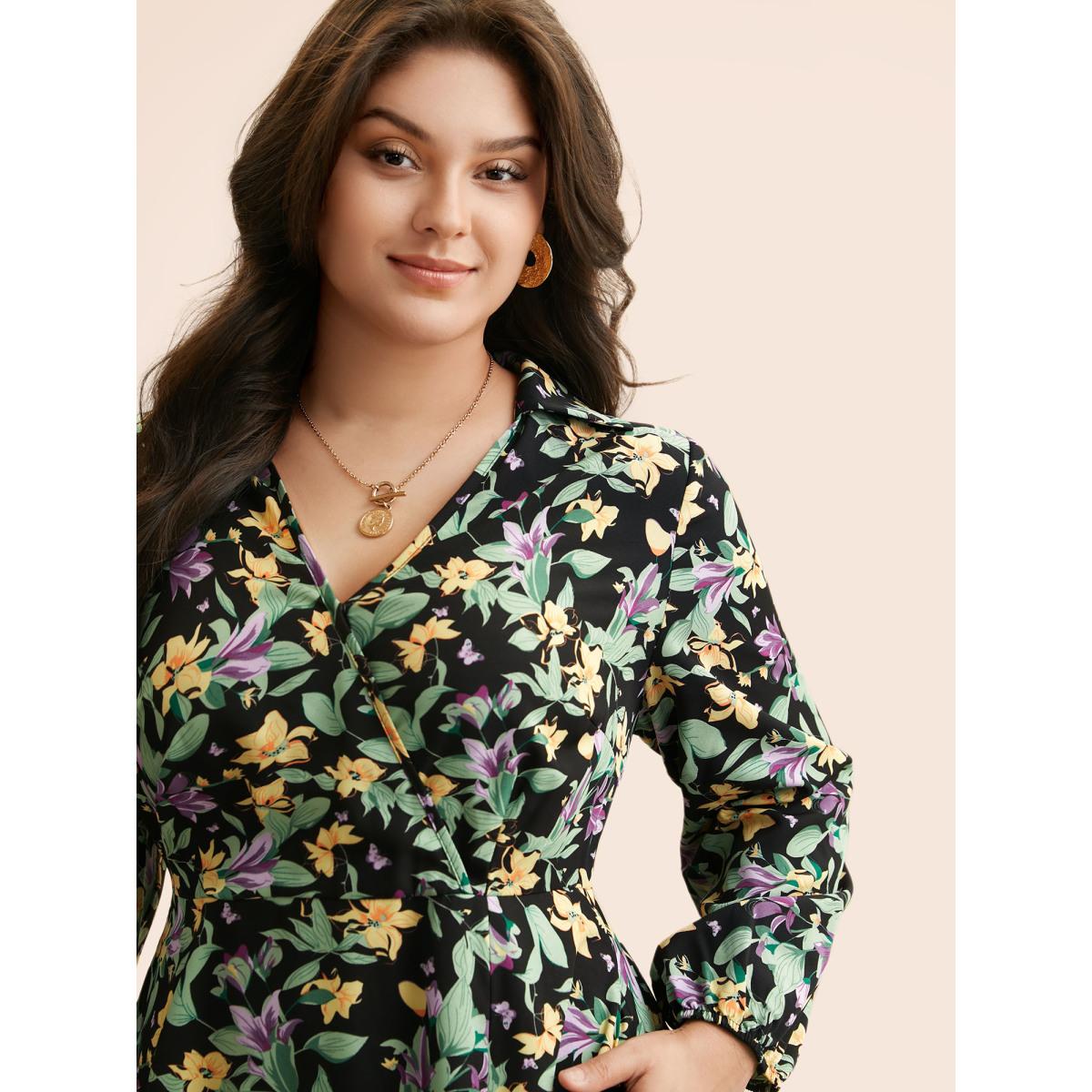 Plus Size Floral Overlap Collar Lantern Sleeve Dress Black Women Elegant Non Overlap Collar Long Sleeve Curvy BloomChic 12/L Product Image