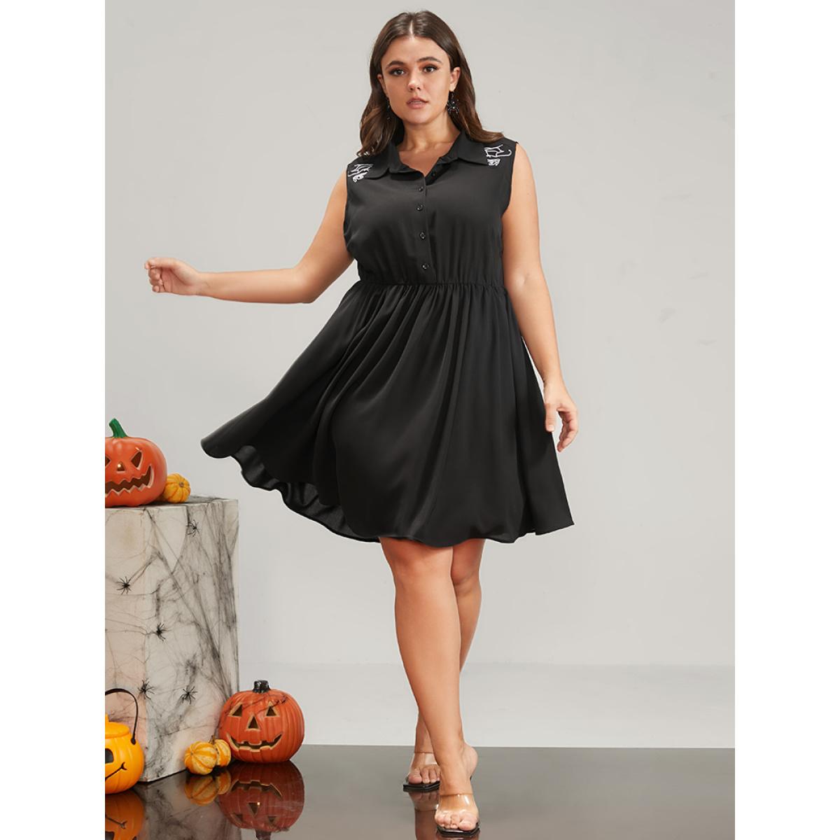 Plus Size Halloween Button Sleeveless Shirt Collar Knee Dress Black Women Elegant Embroidered Shirt collar Sleeveless Curvy Knee Dress BloomChic 10/M Product Image