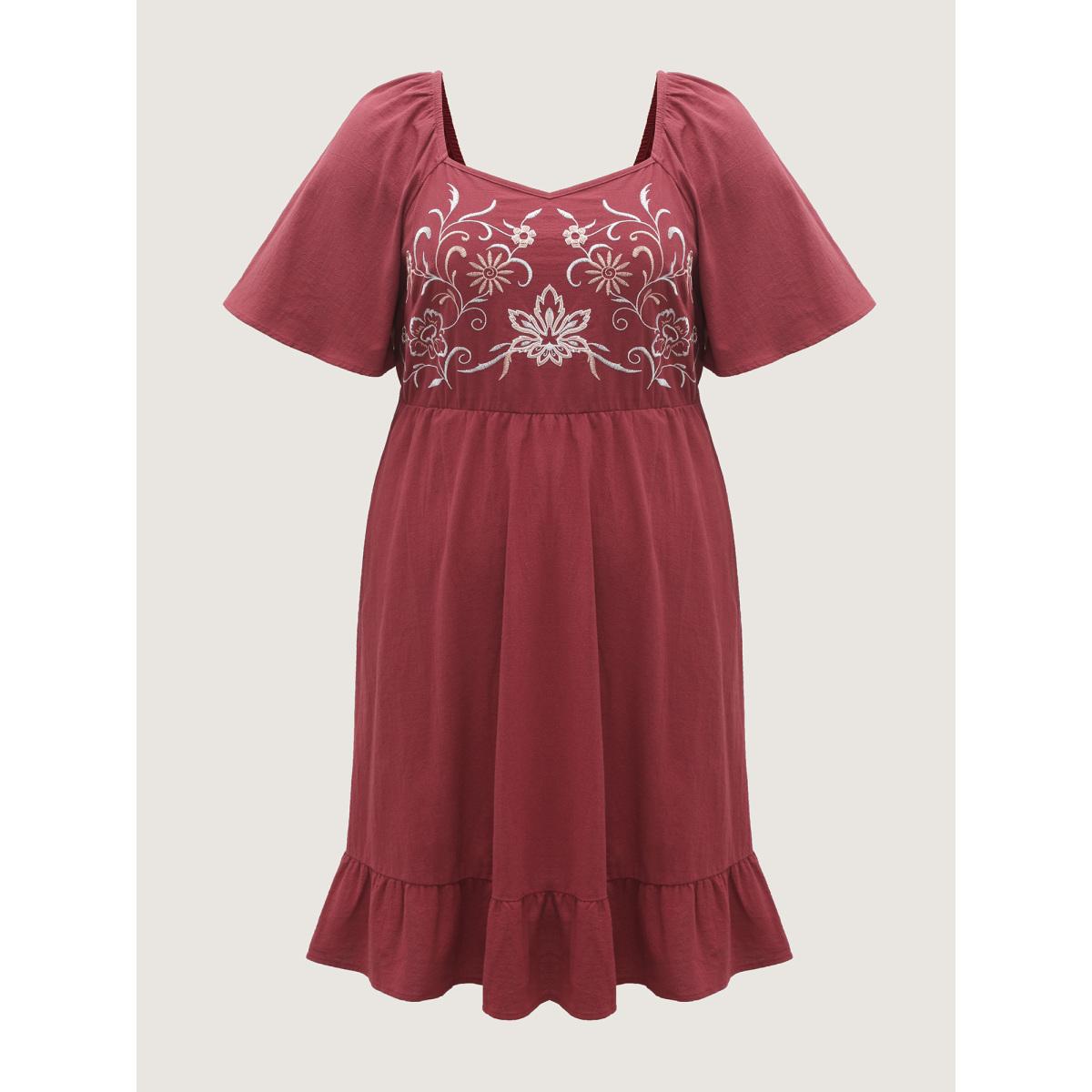 Plus Size Pure Cotton Floral Embroidered Midi Dress Burgundy Women Boho Embroidered Heart neckline Short sleeve Curvy BloomChic 28/5X Product Image
