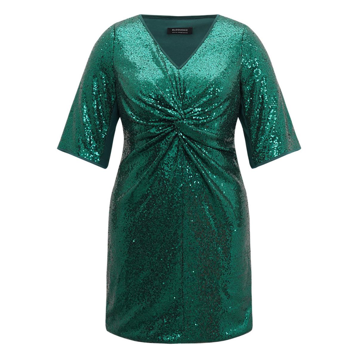 Plus Size Sequin Twist Front V Neck Dress DarkGreen Women Party Plain V-neck Short sleeve Curvy Knee Dress BloomChic 18-20/2X Product Image