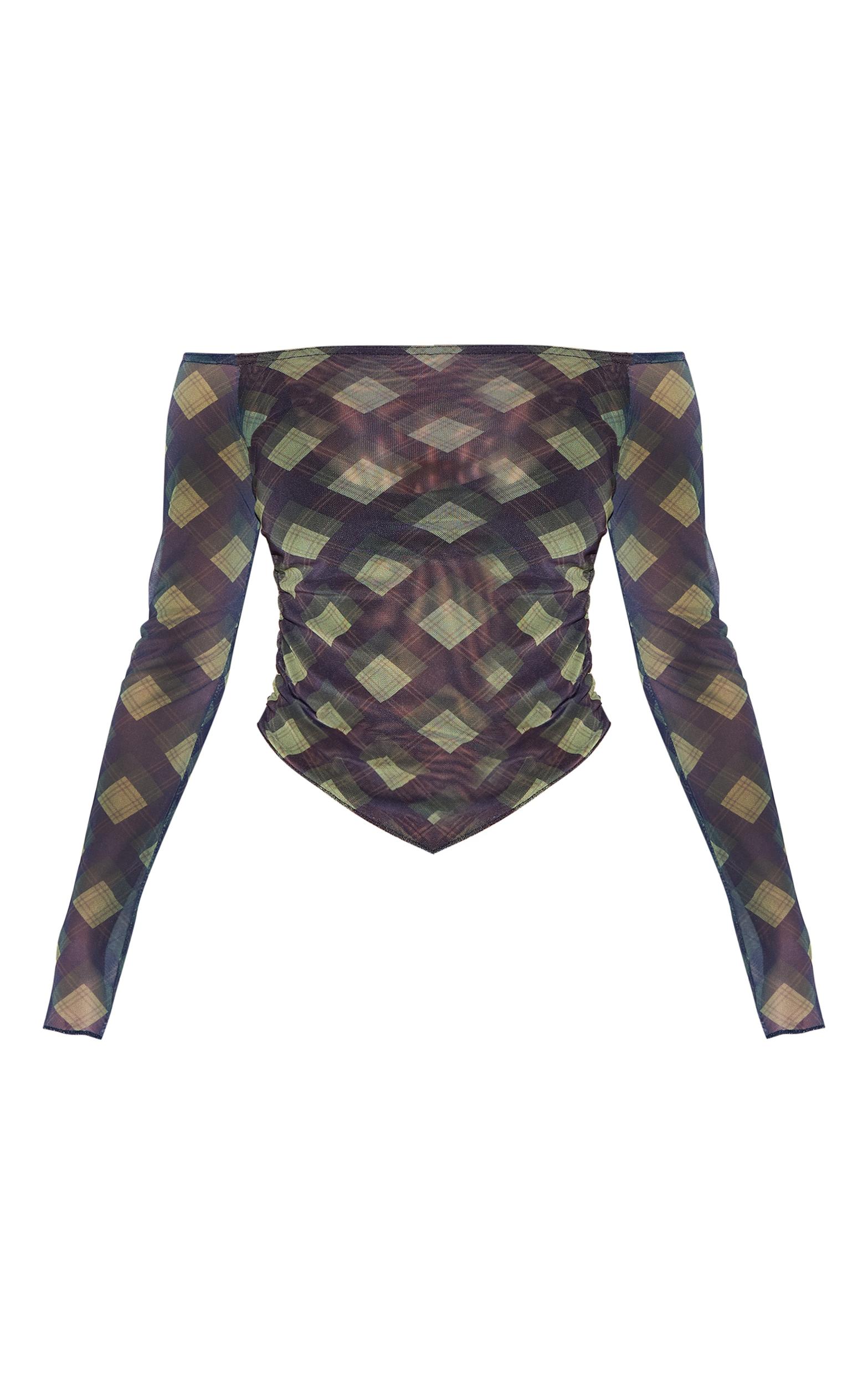 Multi Checked Bardot Asymmetric Hem Long Sleeve Top Product Image