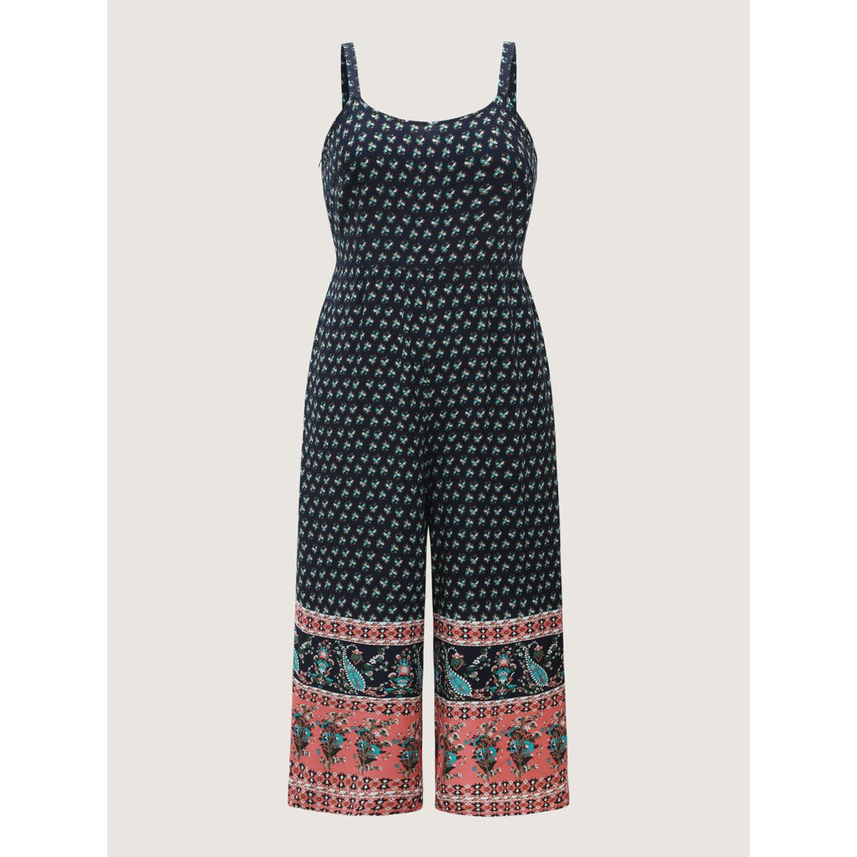 Plus Size Indigo Boho Contrast Cami Wide-Leg Jumpsuit Women Sleeveless Non Casual Loose Jumpsuits BloomChic 10/M Product Image