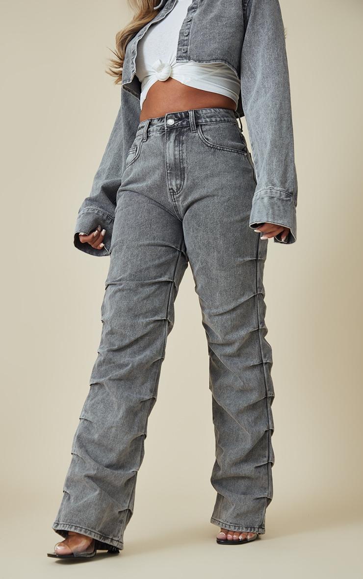 Washed Grey Ruched Straight Leg Denim Jeans Product Image