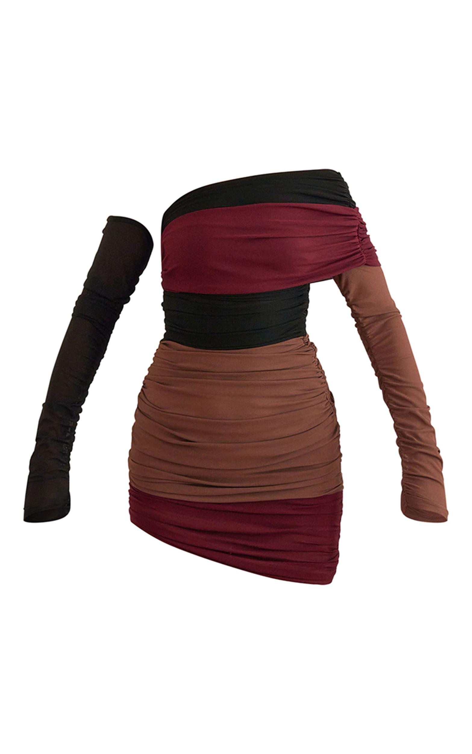 PLT Label Burgundy Bandage Mesh Panel Ruched Asymmetrical Bodycon Dress Product Image