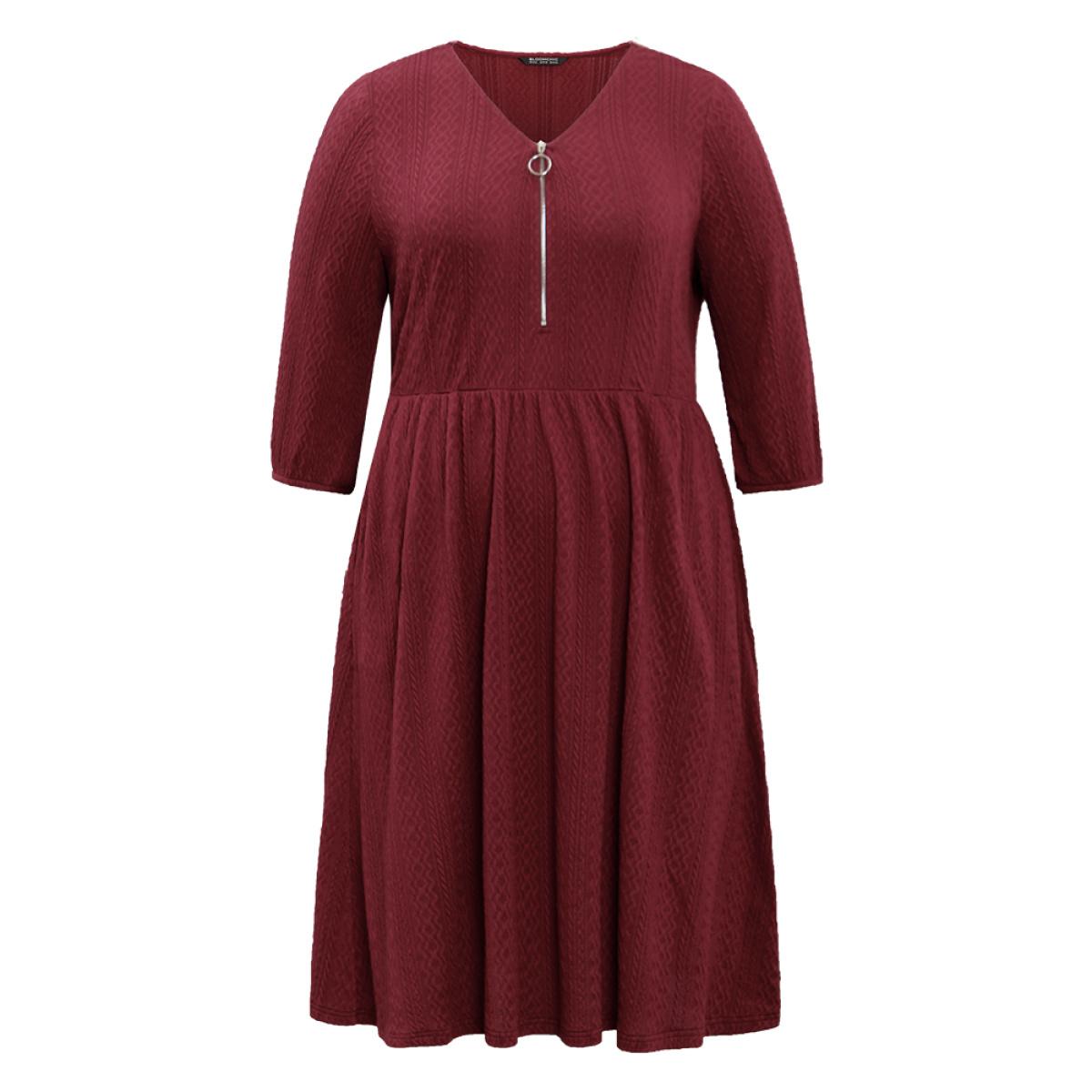 Plus Size Solid Half Zip Elastic Waist Lantern Sleeve Jacquard Dress Scarlet Women Casual Elastic cuffs V-neck Elbow-length sleeve Curvy Midi Dress BloomChic 12/L Product Image