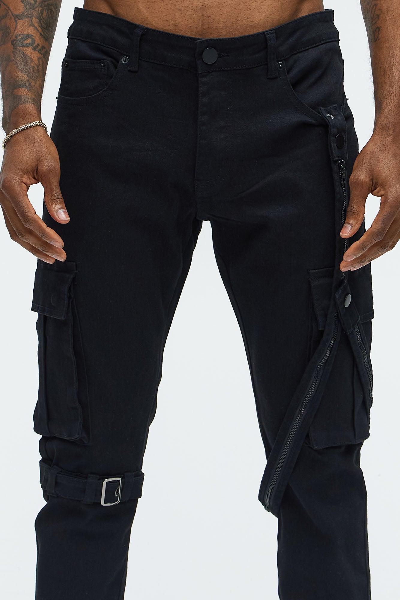 Buckle And Strap Stacked Skinny Jeans - Black Product Image