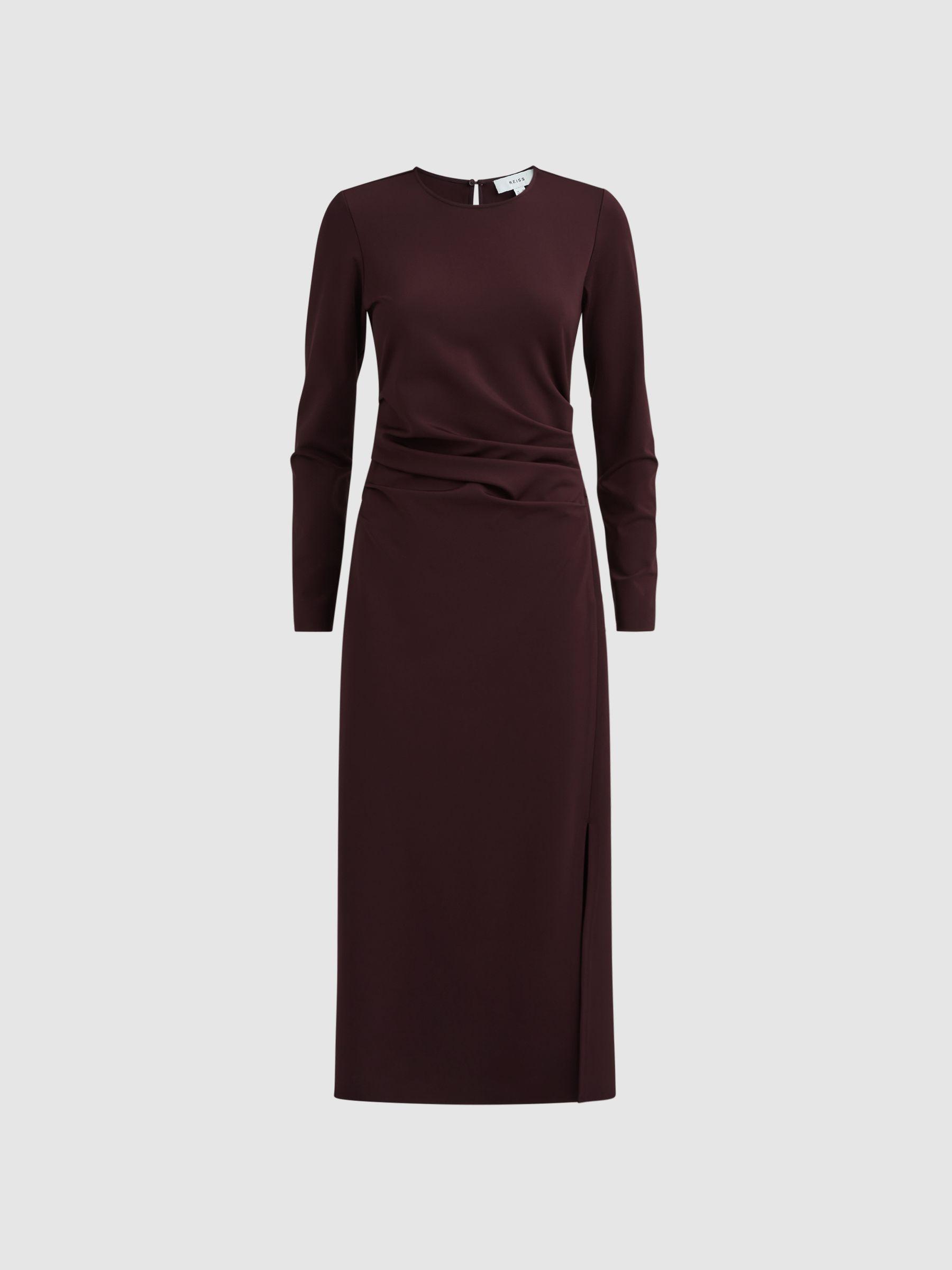 Ruched Bodycon Midi Dress in Burgundy Product Image