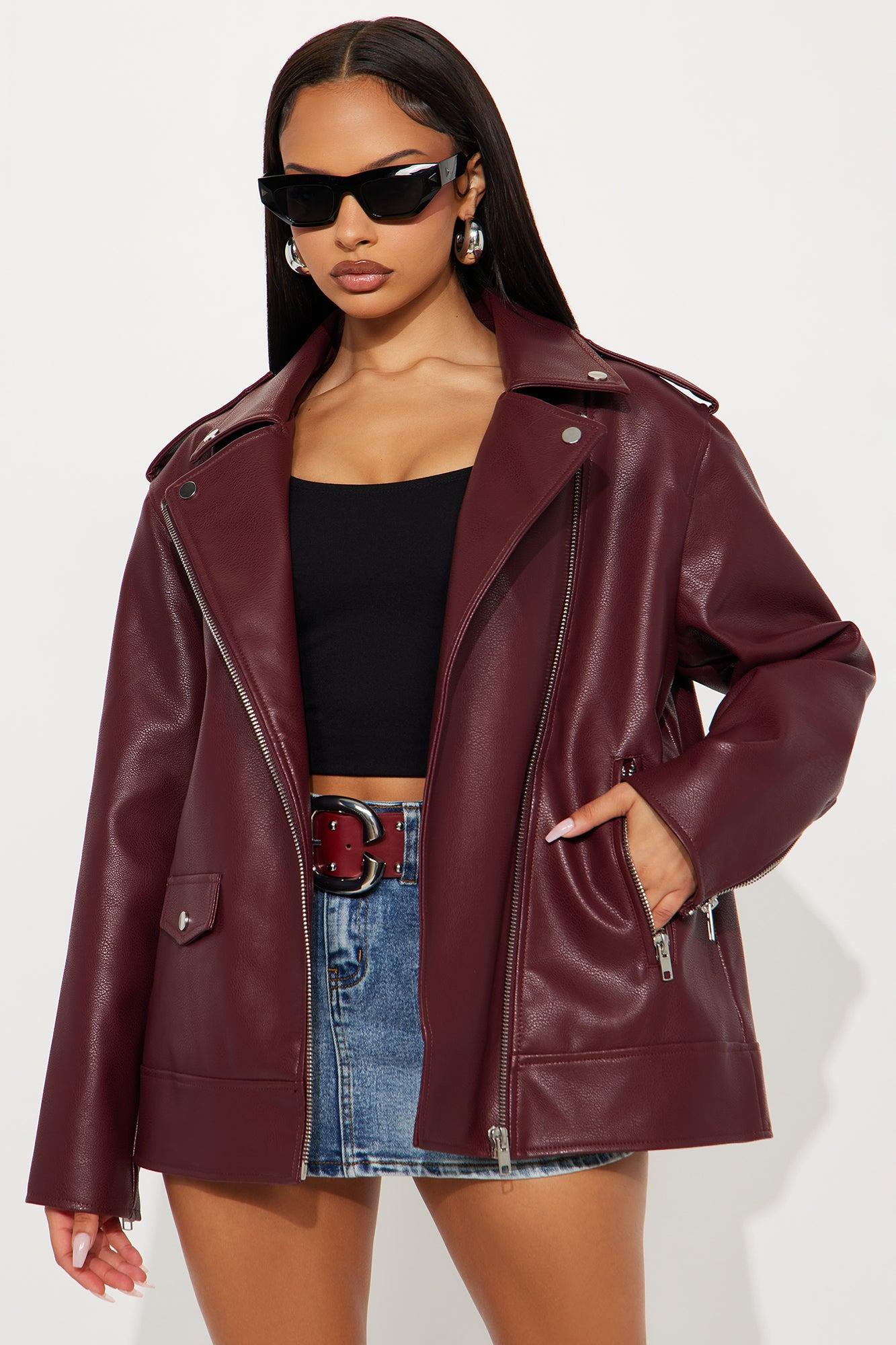 Phoebe Oversized Faux Leather Moto Jacket - Burgundy Female Product Image