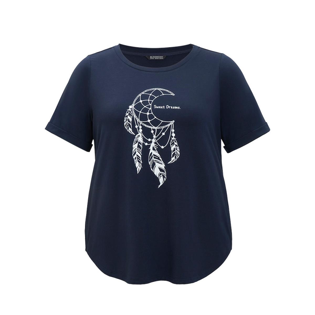 Plus Size Dream Catcher Print Arc Hem Cuffed Sleeve T-shirt Midnight Women Casual Arc Hem Art&design Dailywear T-shirts BloomChic 14-16/1X Product Image