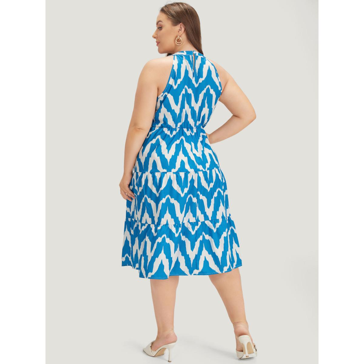 Plus Size Geometric Print Halter Pocket Ruffle Tiered Dress Blue Women Elegant Contrast Halter neck Sleeveless Curvy Midi Dress BloomChic 18-20/2X Product Image