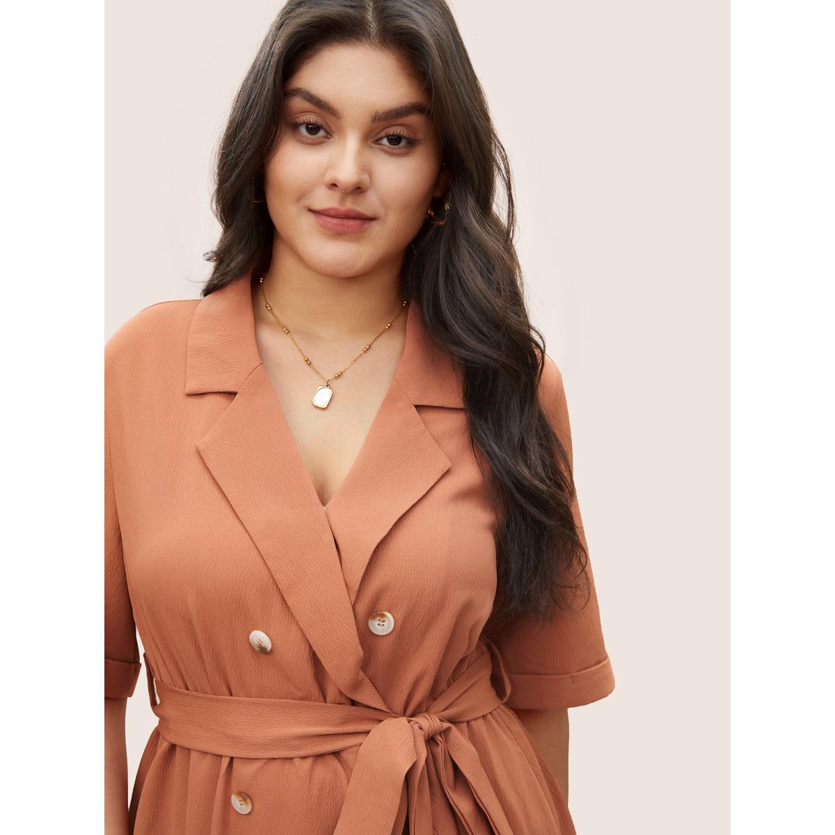 Plus Size Suit Collar Solid Belted Button Up Dress Rust Women At the Office Non Suit Collar Short sleeve Curvy Midi Dress BloomChic 28/5X Product Image