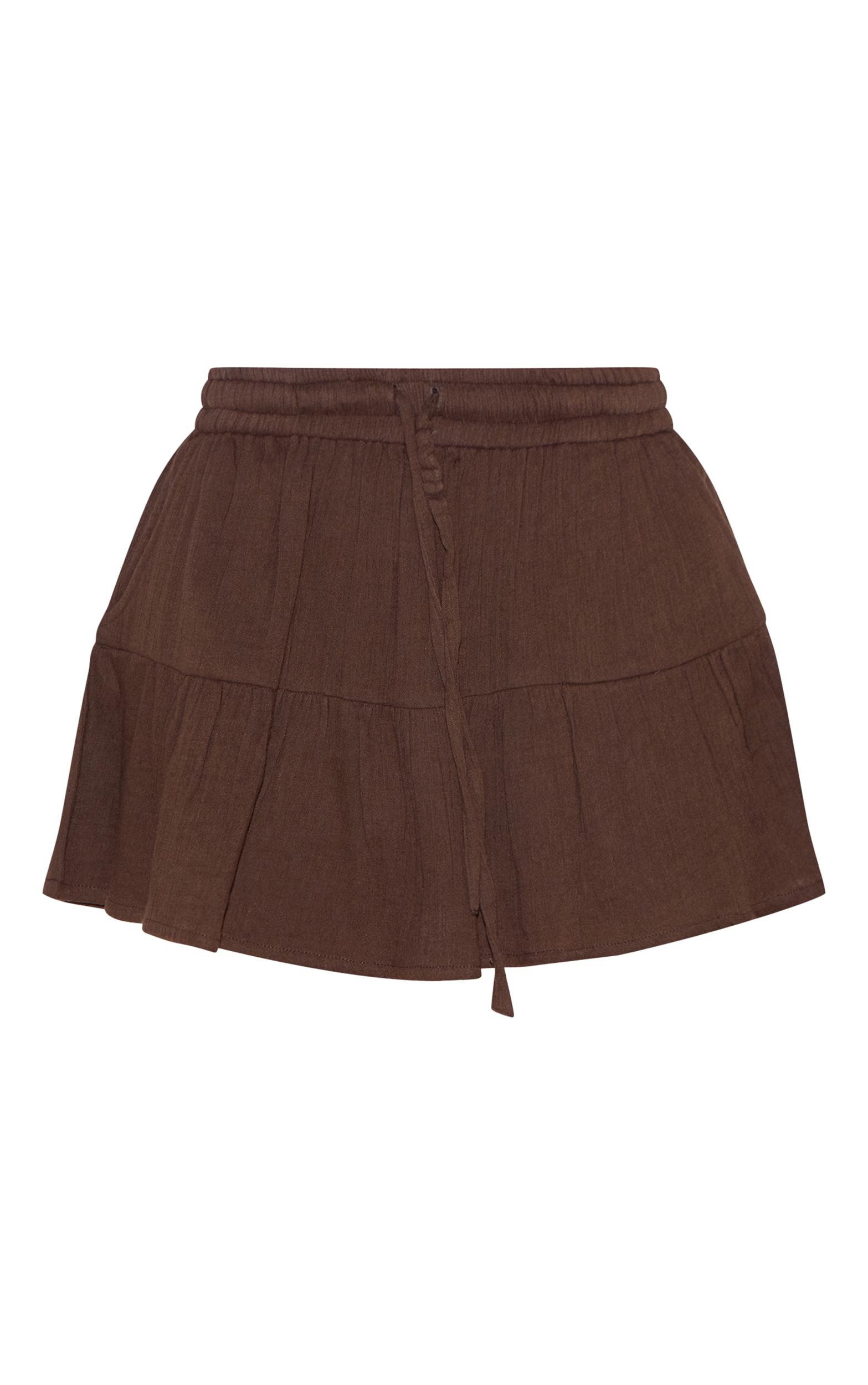 Chocolate Cotton Drawstring Tiered Mini Skirt Product Image