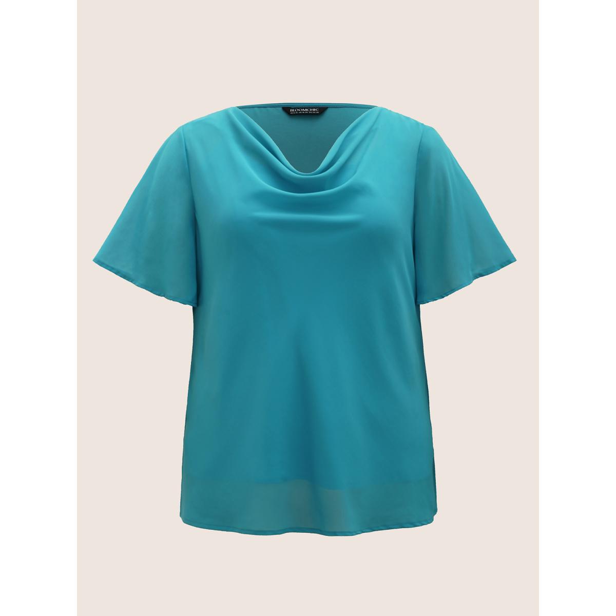Plus Size Cerulean Cowl Neck Chiffon Mesh Flutter Sleeve Blouse Women Work From Home Half Sleeve Cowl Neck Work Blouses BloomChic 14-16/1X Product Image