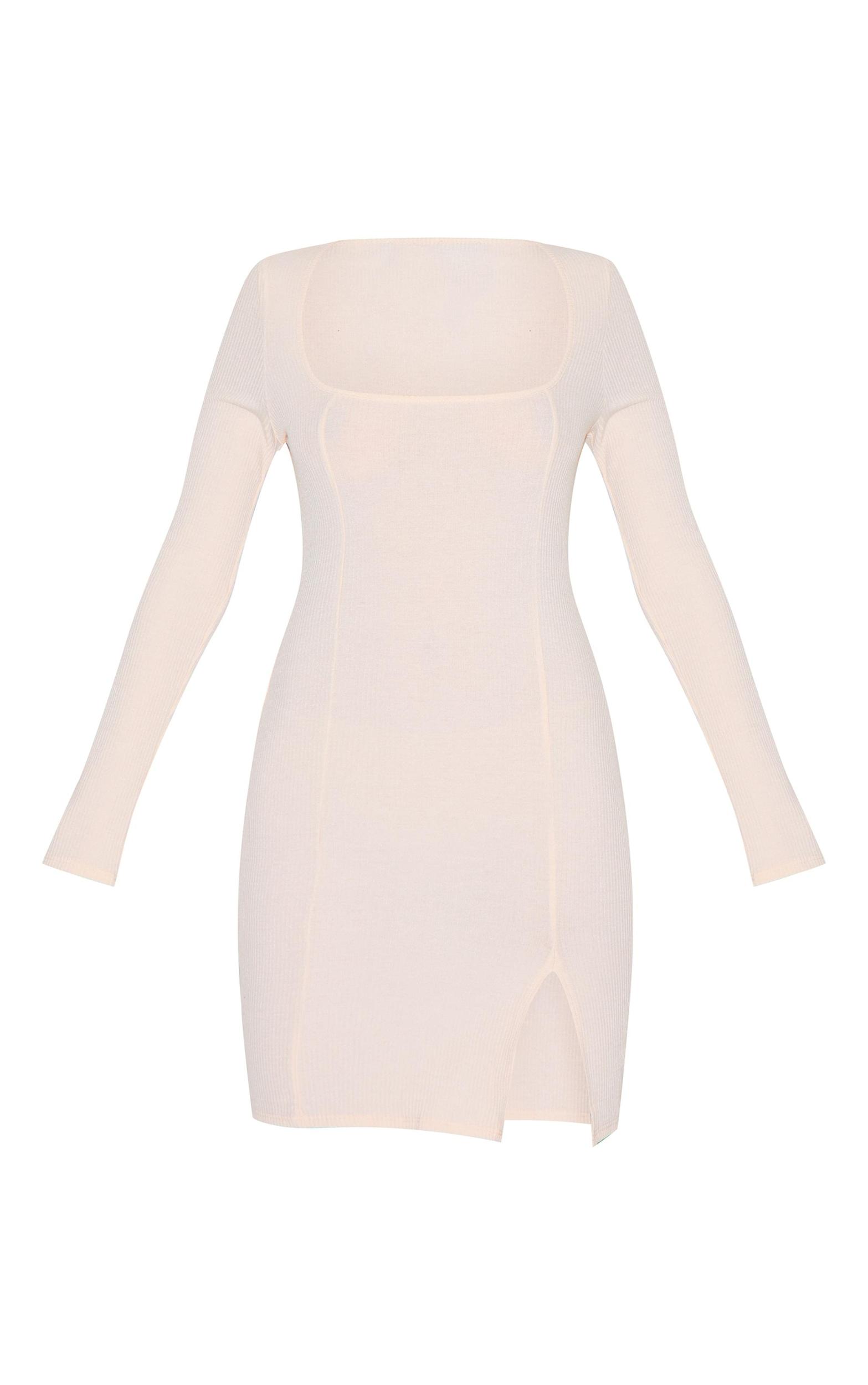 Cream Rib Split Hem Square Neck Long Sleeve Bodycon Dress Product Image