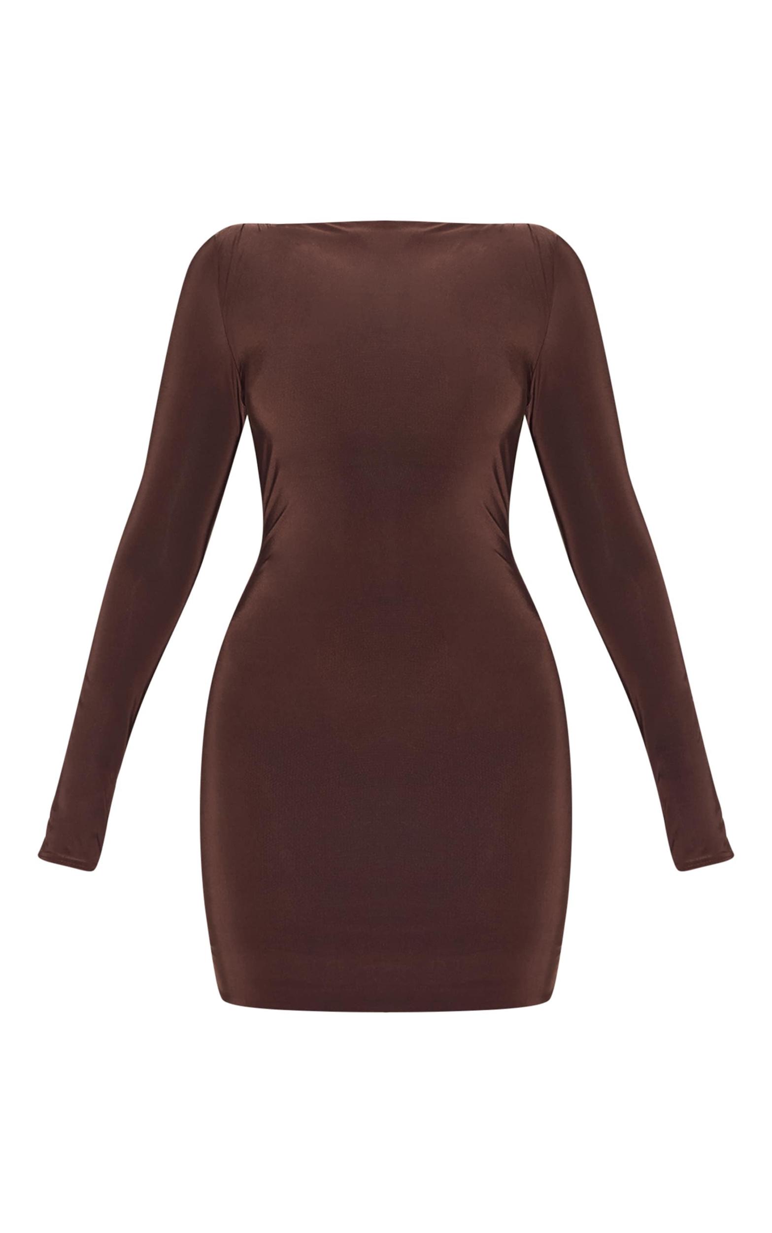 Chocolate Slinky Long Sleeve Mini Dress Product Image