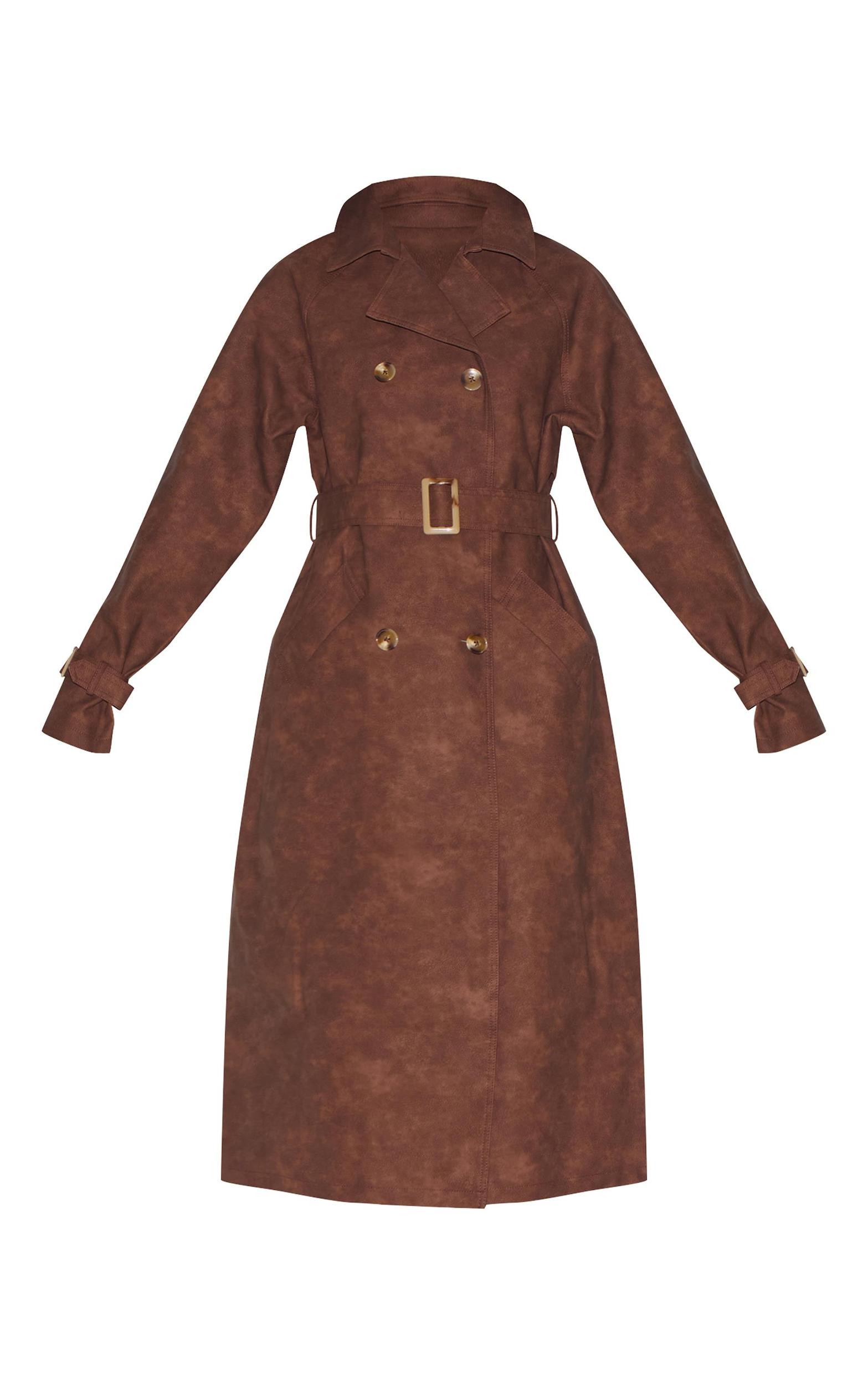 Chocolate Textured Faux Leather Trench Coat Product Image