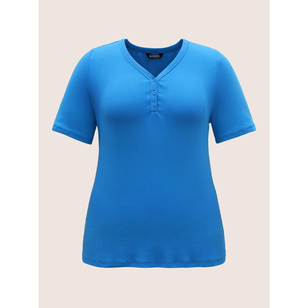 Plus Size Cotton V Neck Button Up Pit Strip T-shirt Skyblue Women Casual Button V-neck Everyday T-shirts BloomChic 28/5X Product Image