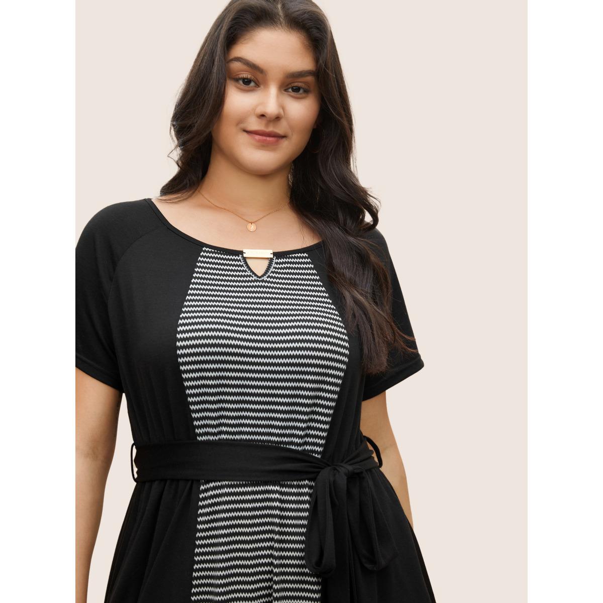 Plus Size Striped Patchwork Keyhole Belted Raglan Sleeve Dress Black Women At the Office Non Notched collar Short sleeve Curvy Midi Dress BloomChic 28/5X Product Image