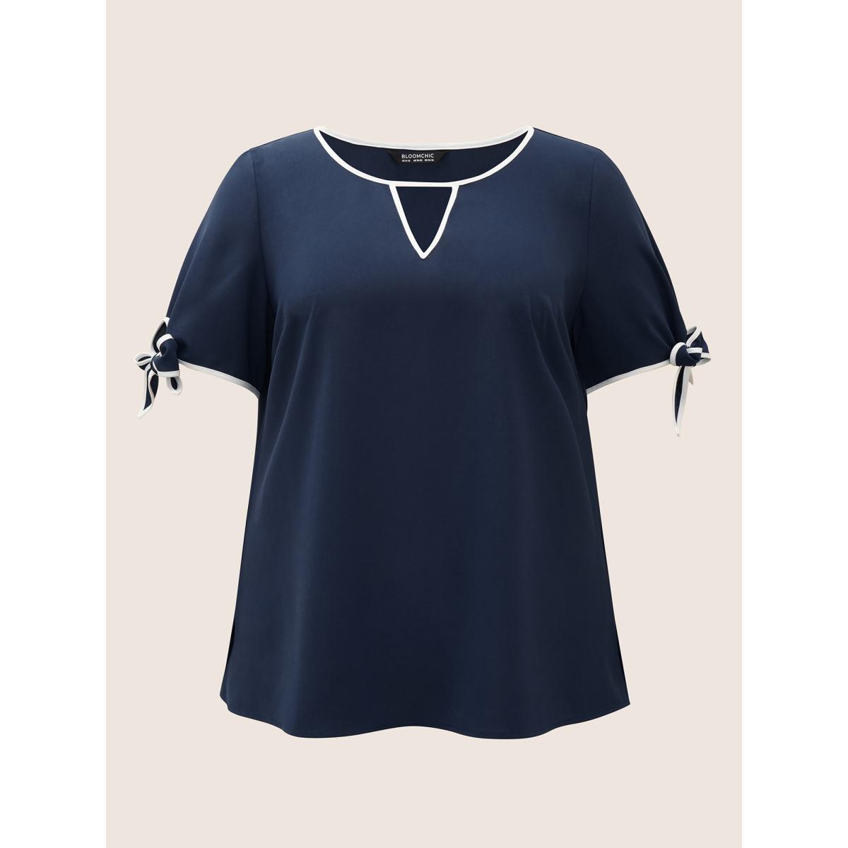 Plus Size Indigo Contrast Trim Keyhole Tie Knot Blouse Women Work From Home Short sleeve Notched collar Work Blouses BloomChic 10/M Product Image