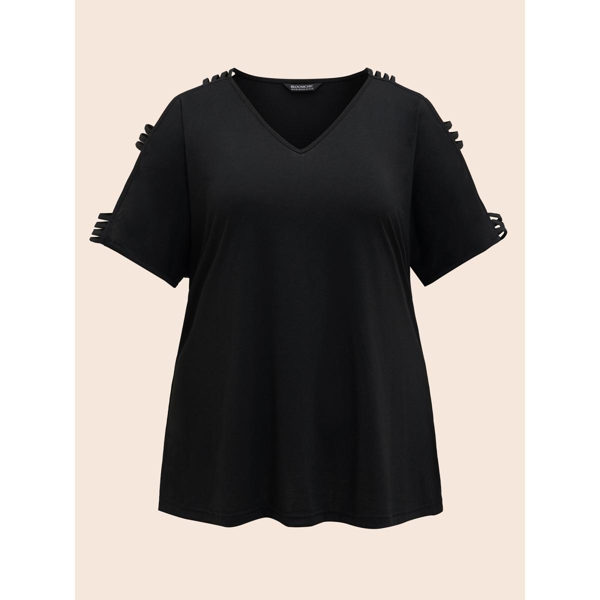 Plus Size Solid Cut Out Batwing Sleeve T-shirt Black Women Resort Cut-Out Plain V-neck Vacation T-shirts BloomChic 30/6X Product Image