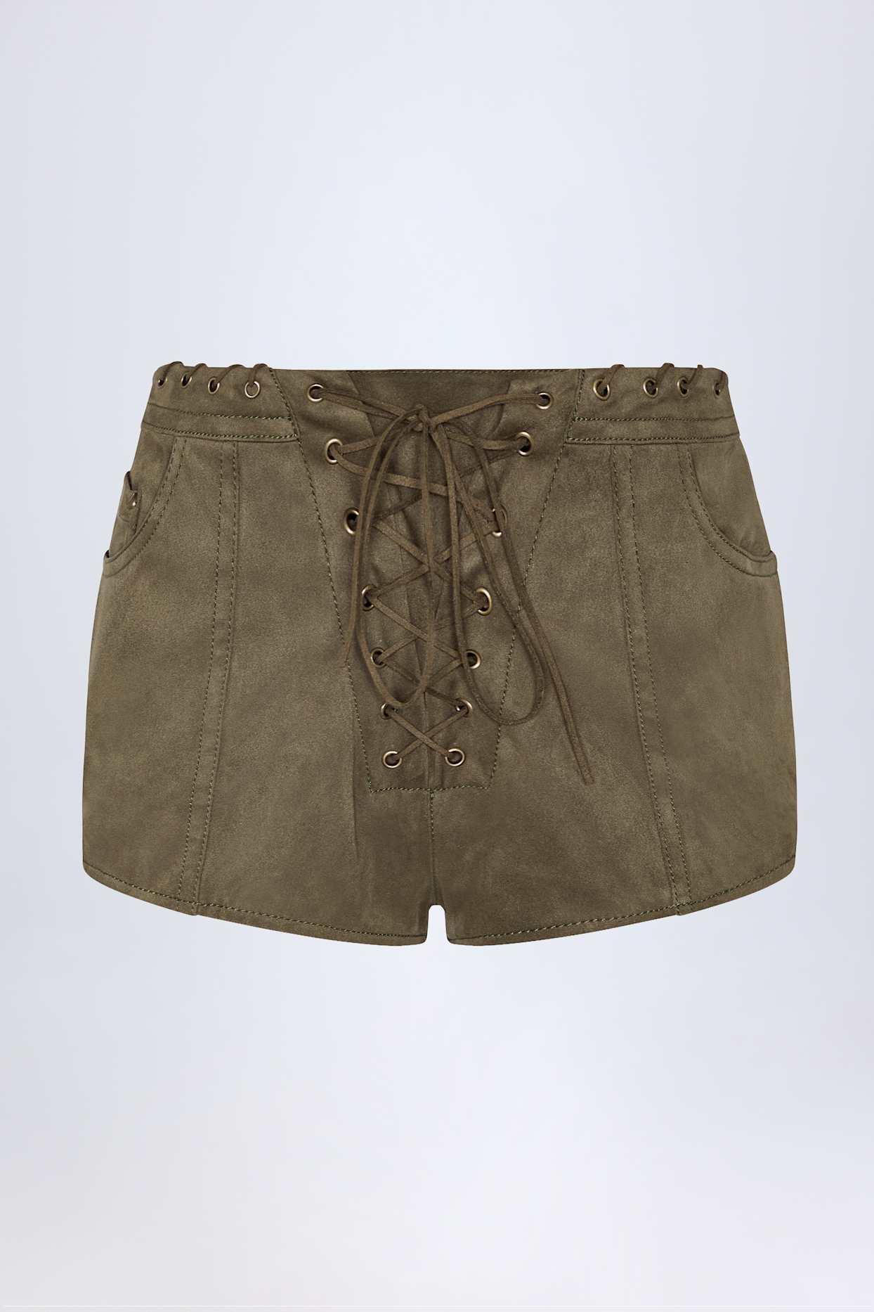 Lace-Up Mid-Rise Shorts in Dark Khaki Product Image