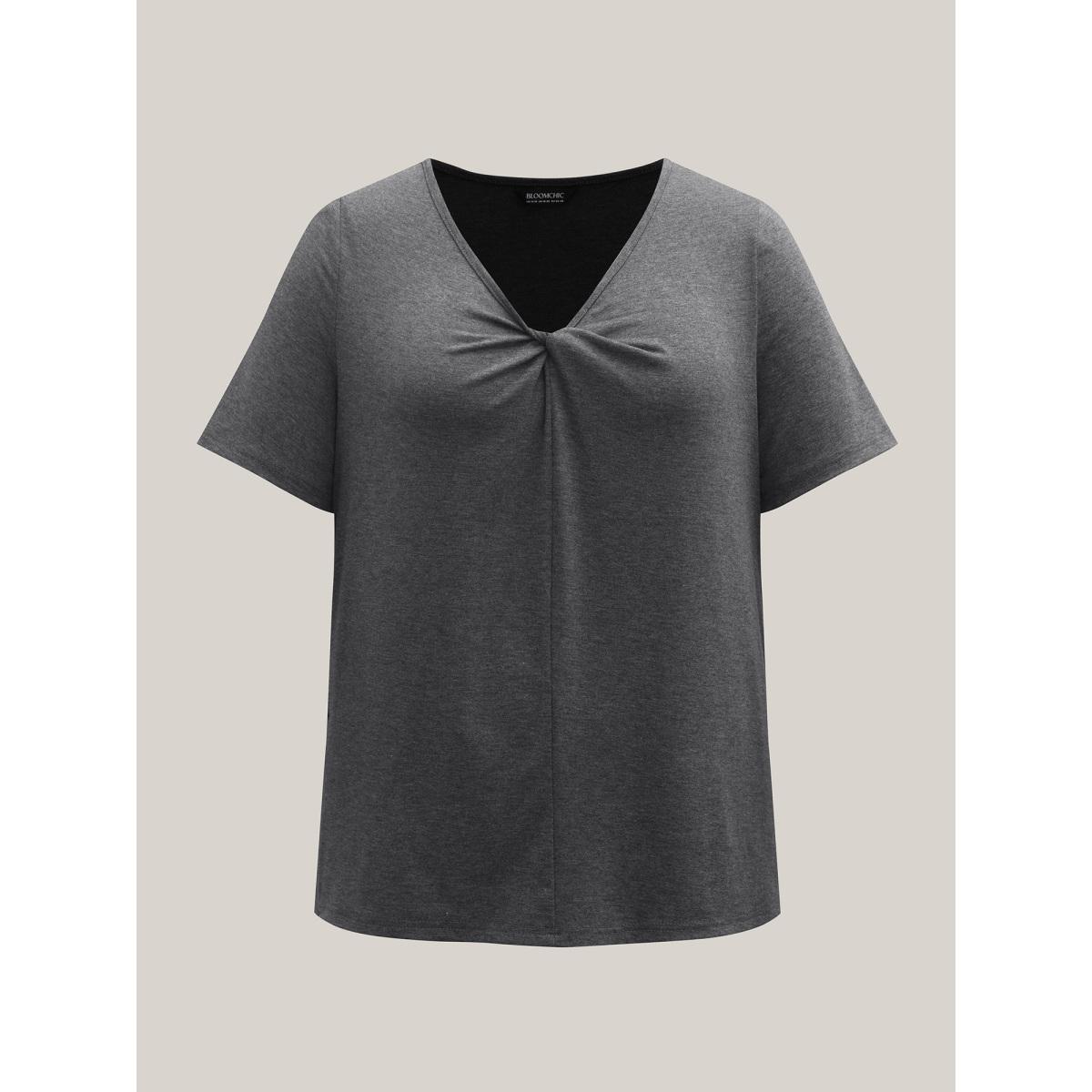 Plus Size Supersoft Cinched Neck Plain T-Shirt DimGray Women Leisure Twist Asymmetrical Neck Casual T-shirts BloomChic 14-16/1X Product Image